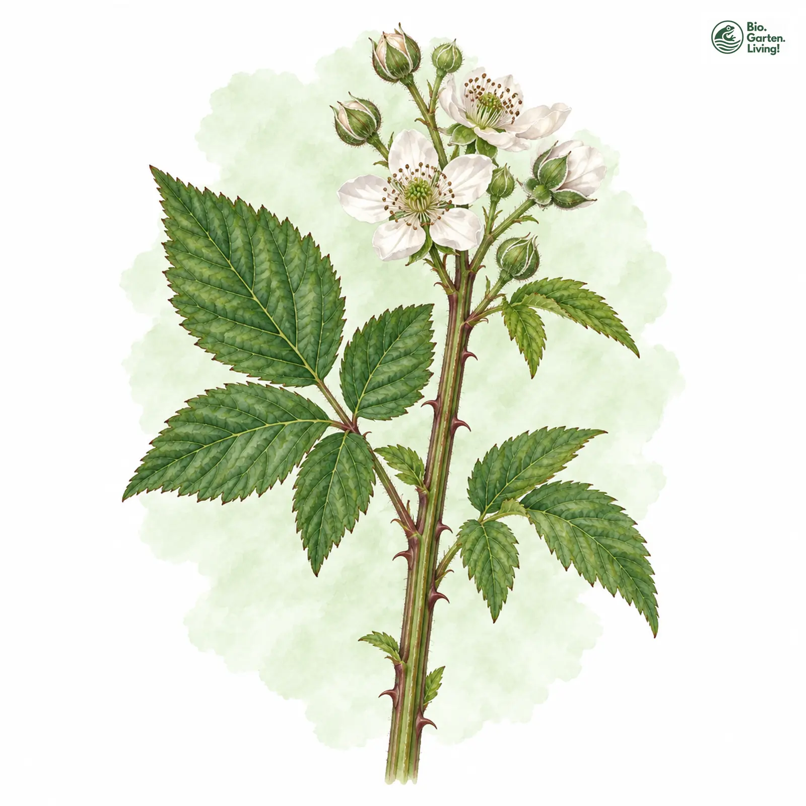 Aquarellzeichnung: Libert-Brombeere (Rubus libertianus)
