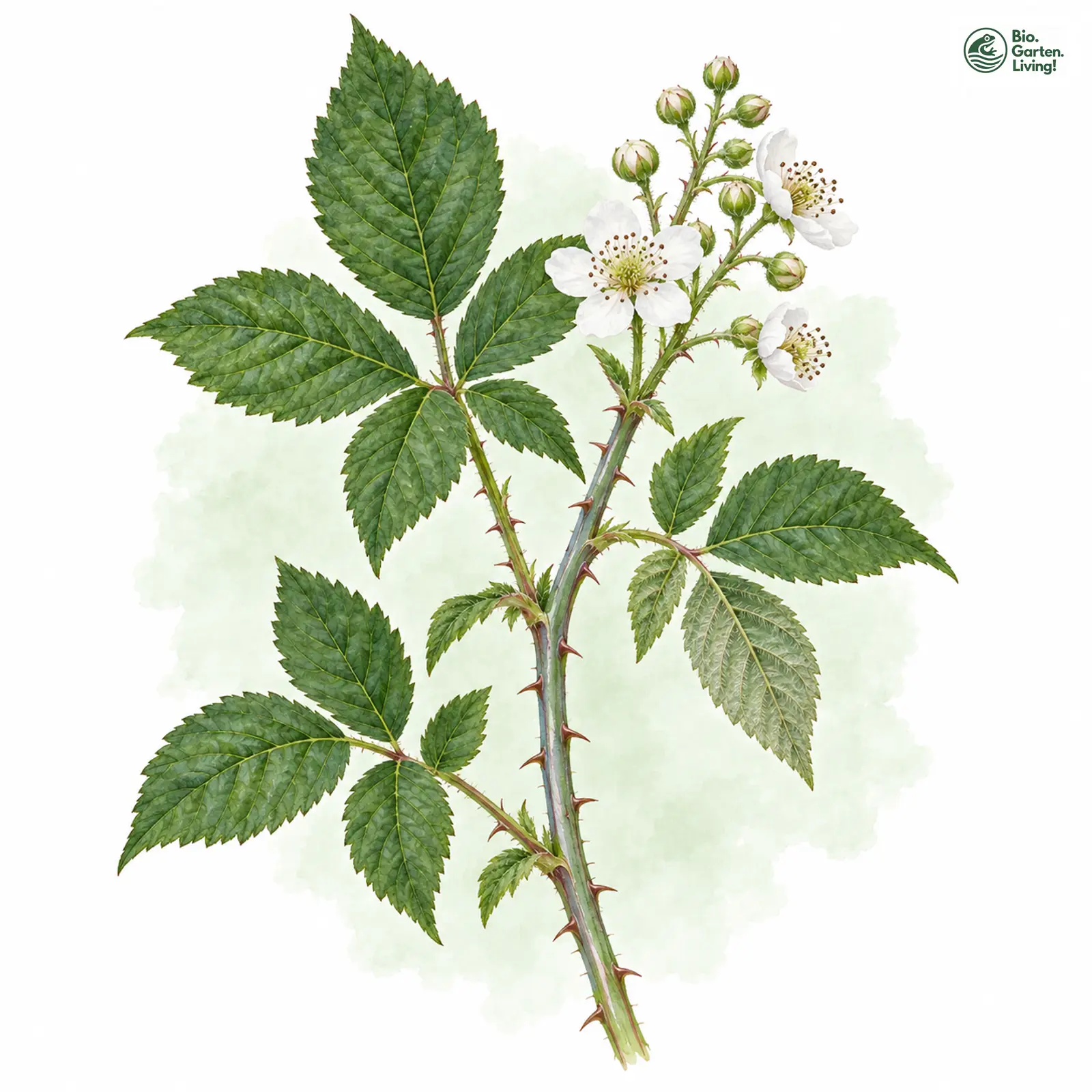 Aquarellzeichnung: Lidforss-Haselblatt-Brombeere (Rubus lidforssii)