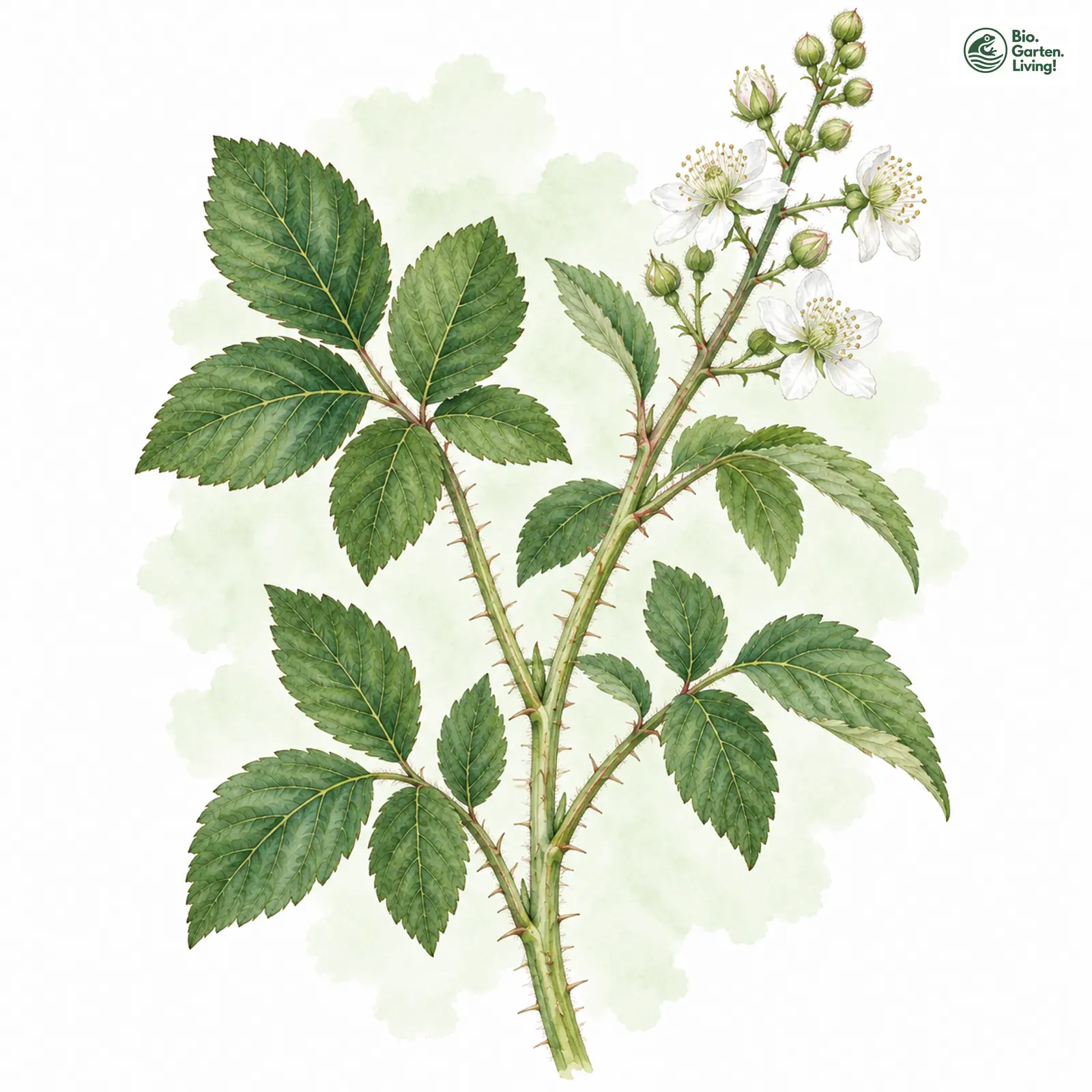 Aquarellzeichnung: Bleigraue Brombeere (Rubus lividus)