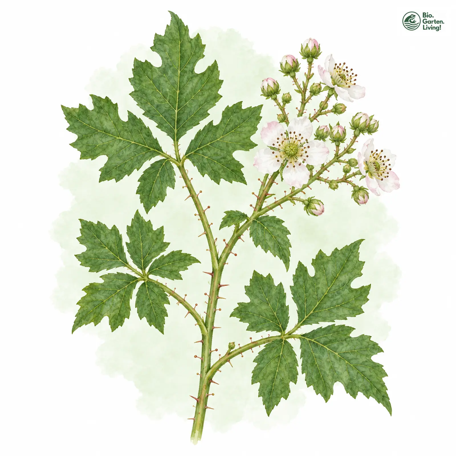 Aquarellzeichnung: Lappenzähnige Haselblatt-Brombeere (Rubus lobatidens)