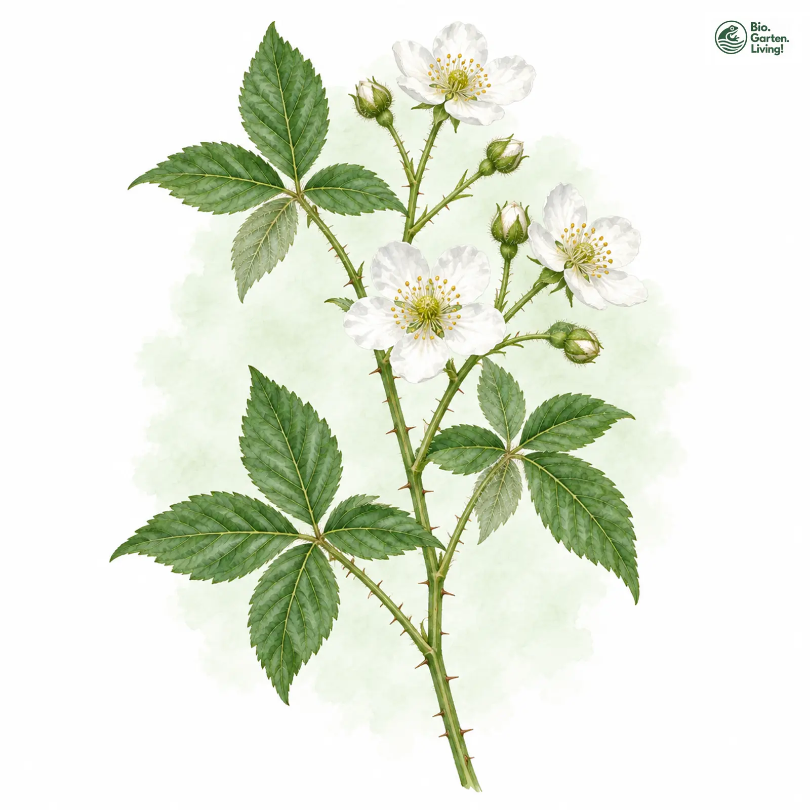 Aquarellzeichnung: Lichtgrüne Haselblatt-Brombeere (Rubus luminosus)