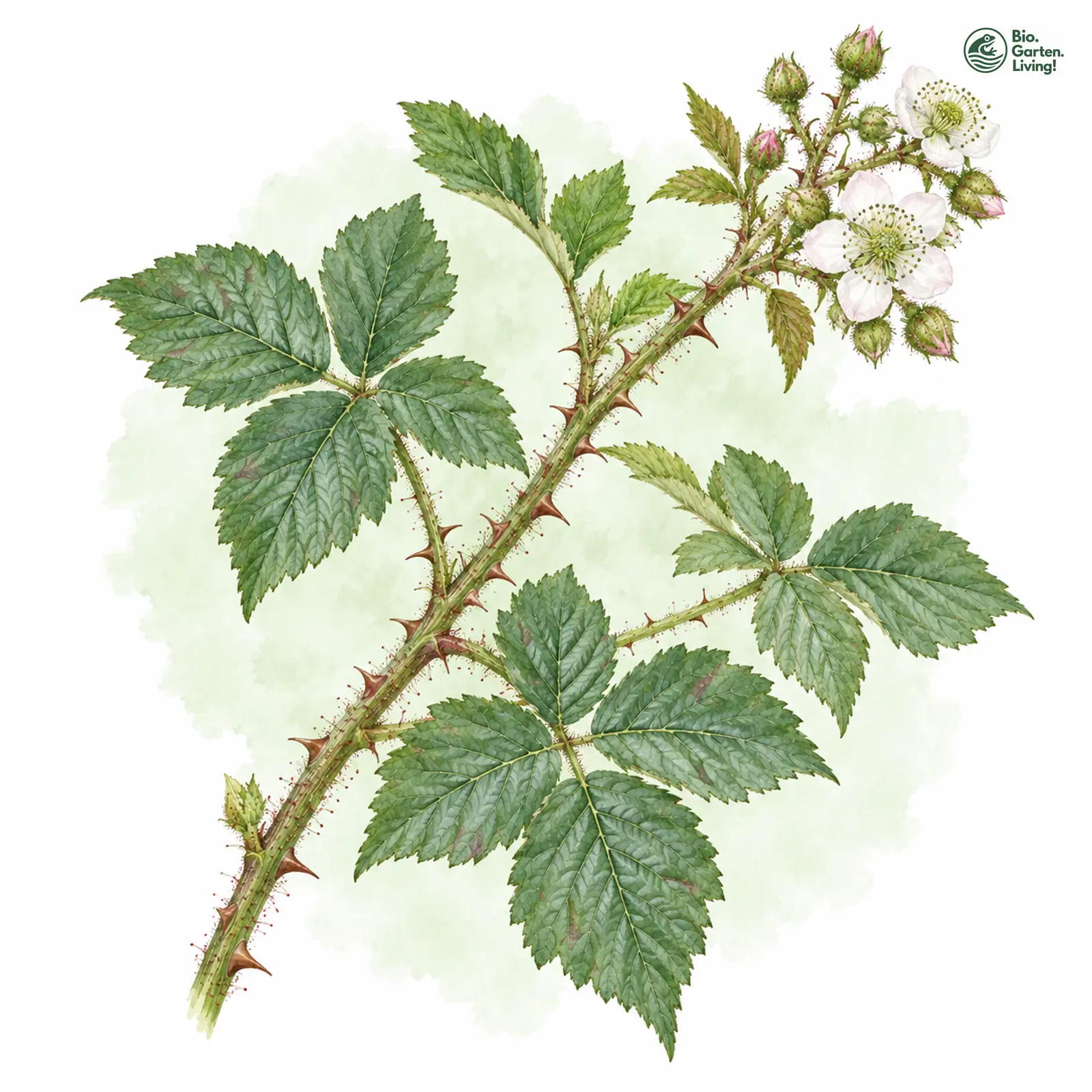 Aquarellzeichnung: Lehmbewohnende Haselblattbrombeere (Rubus luticola)