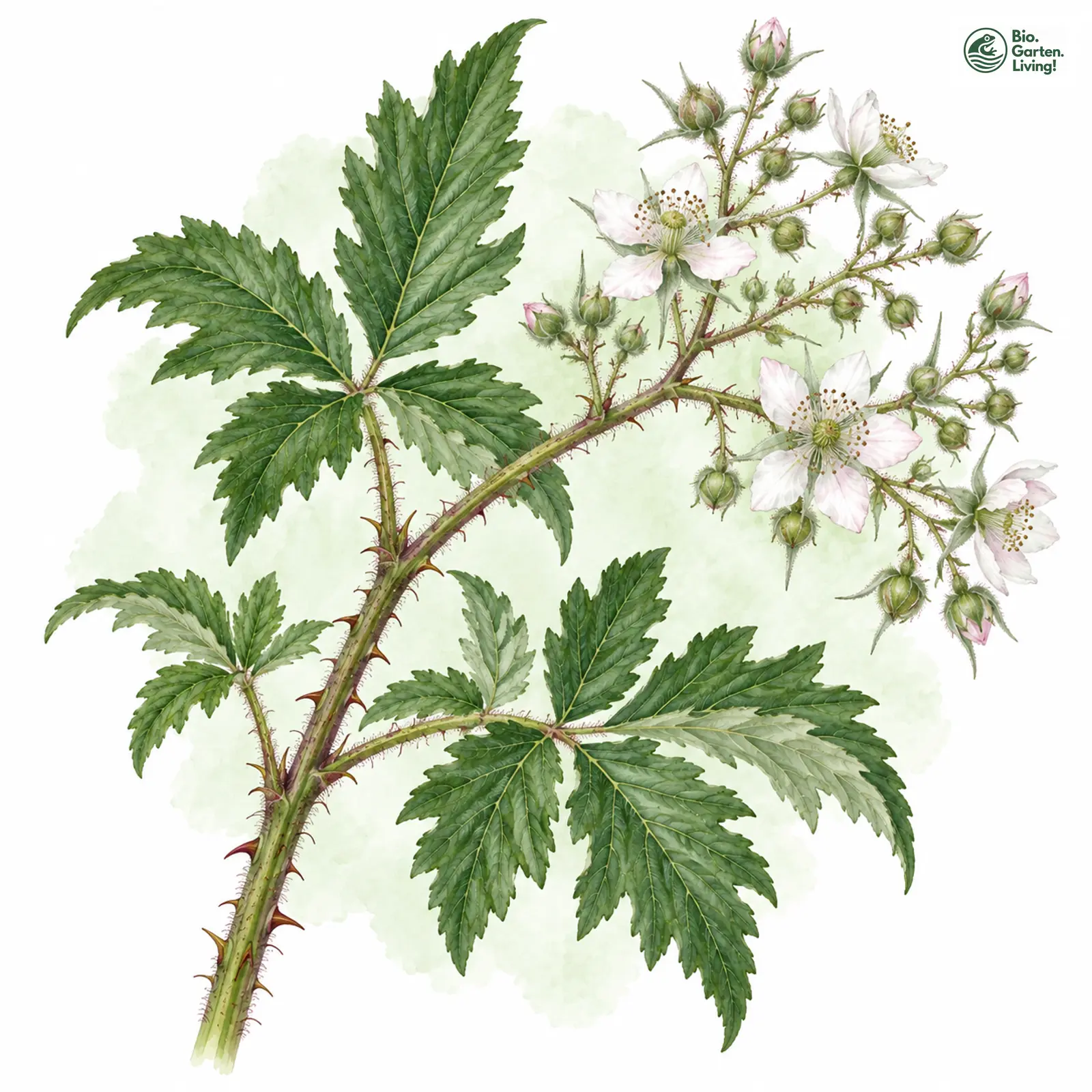 Aquarellzeichnung: Großspirrige Brombeere (Rubus macranthelos)