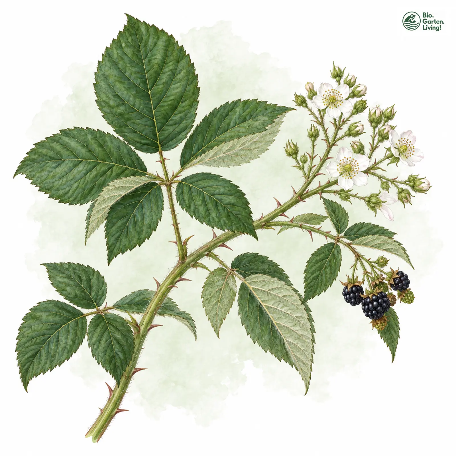 Aquarellzeichnung: Großblättrige Brombeere (Rubus macrophyllus)