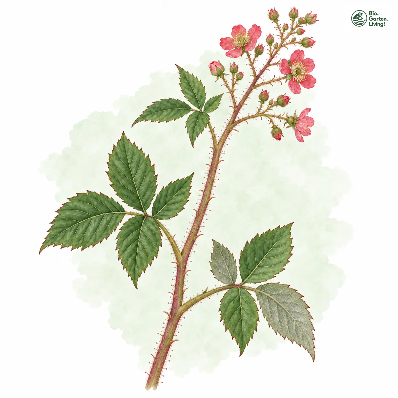 Aquarellzeichnung: Schmalsträußige Brombeere (Rubus macrothyrsus)