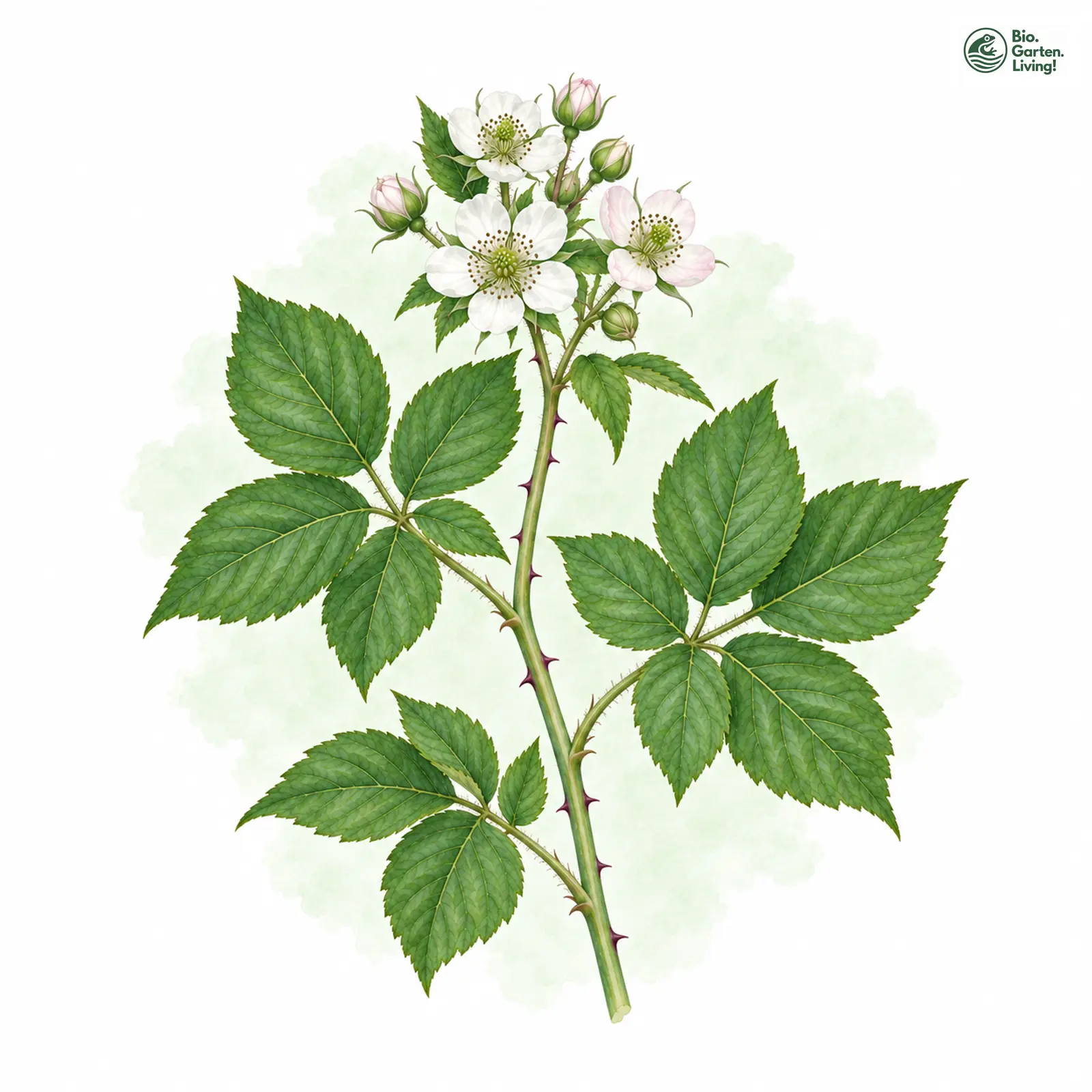 Aquarellzeichnung: Größte Haselblatt-Brombeere (Rubus maximus)
