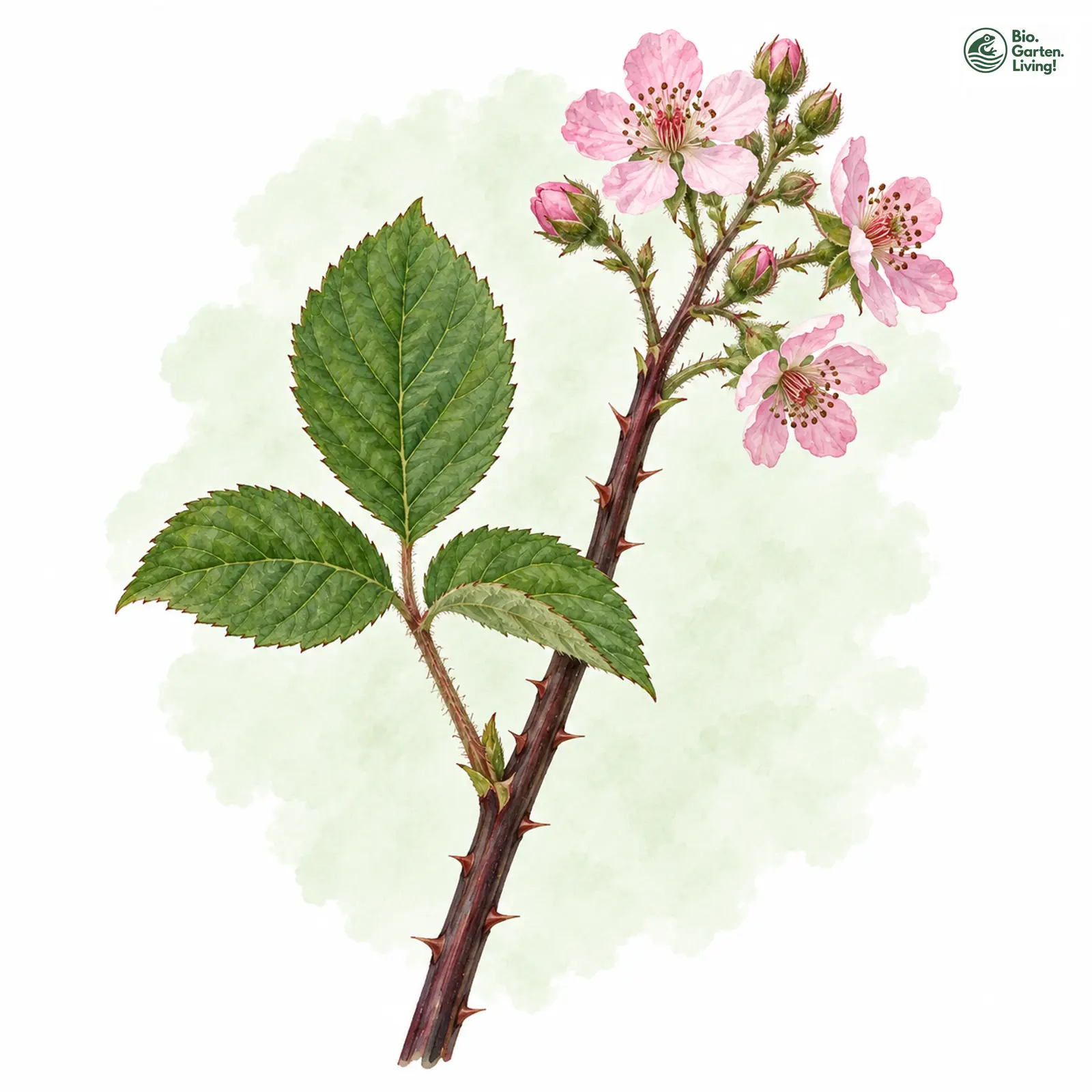 Aquarellzeichnung: Schwarzholzige Brombeere (Rubus melanoxylon)