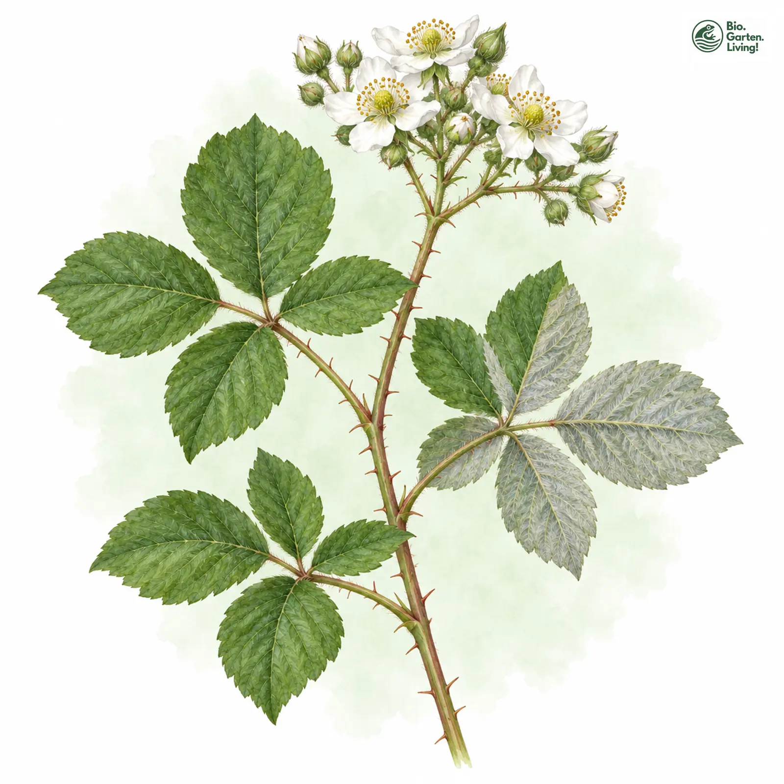 Aquarellzeichnung: Weiche Haselblatt-Brombeere (Rubus mollis)