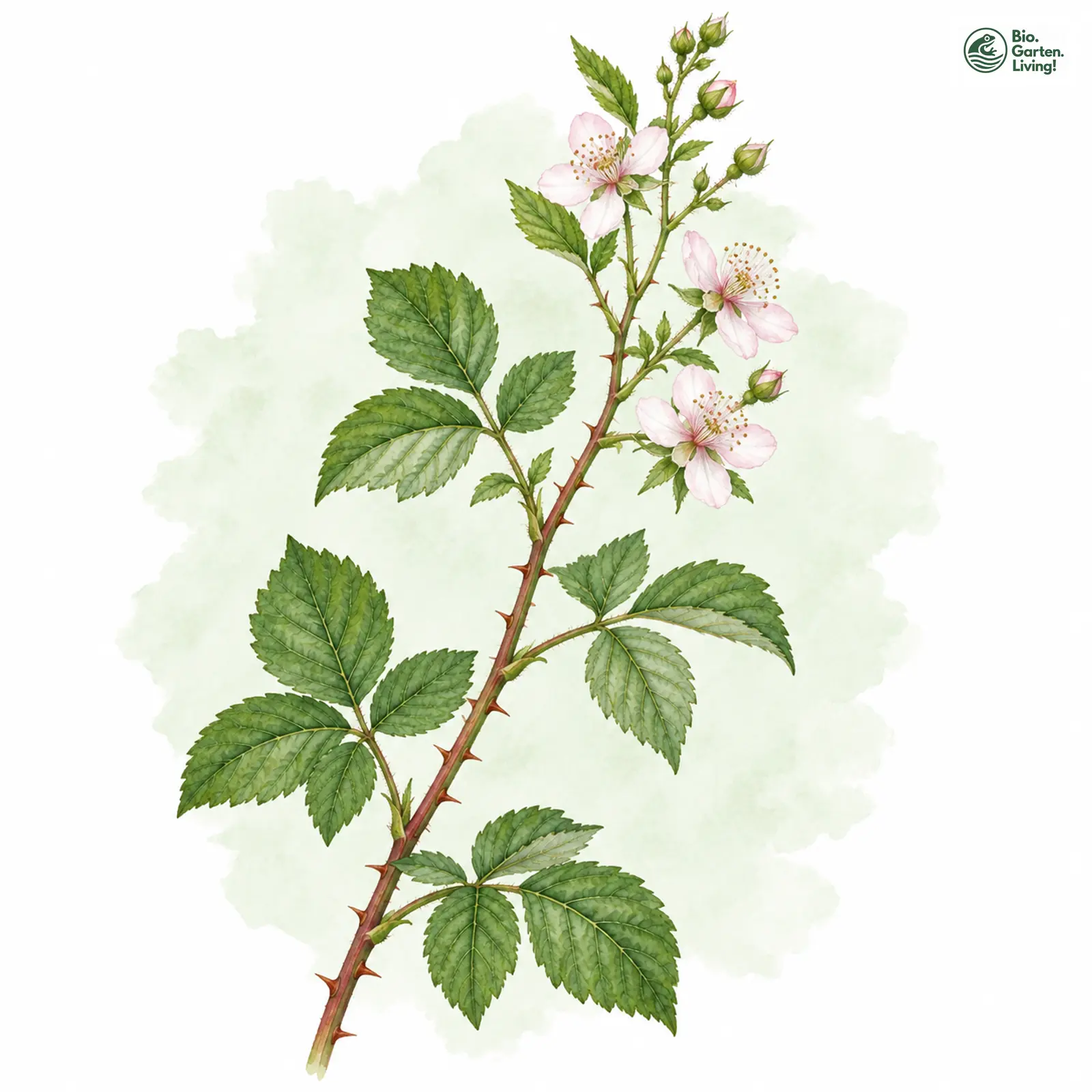 Aquarellzeichnung: Mortensen-Haselblatt-Brombeere (Rubus mortensenii)