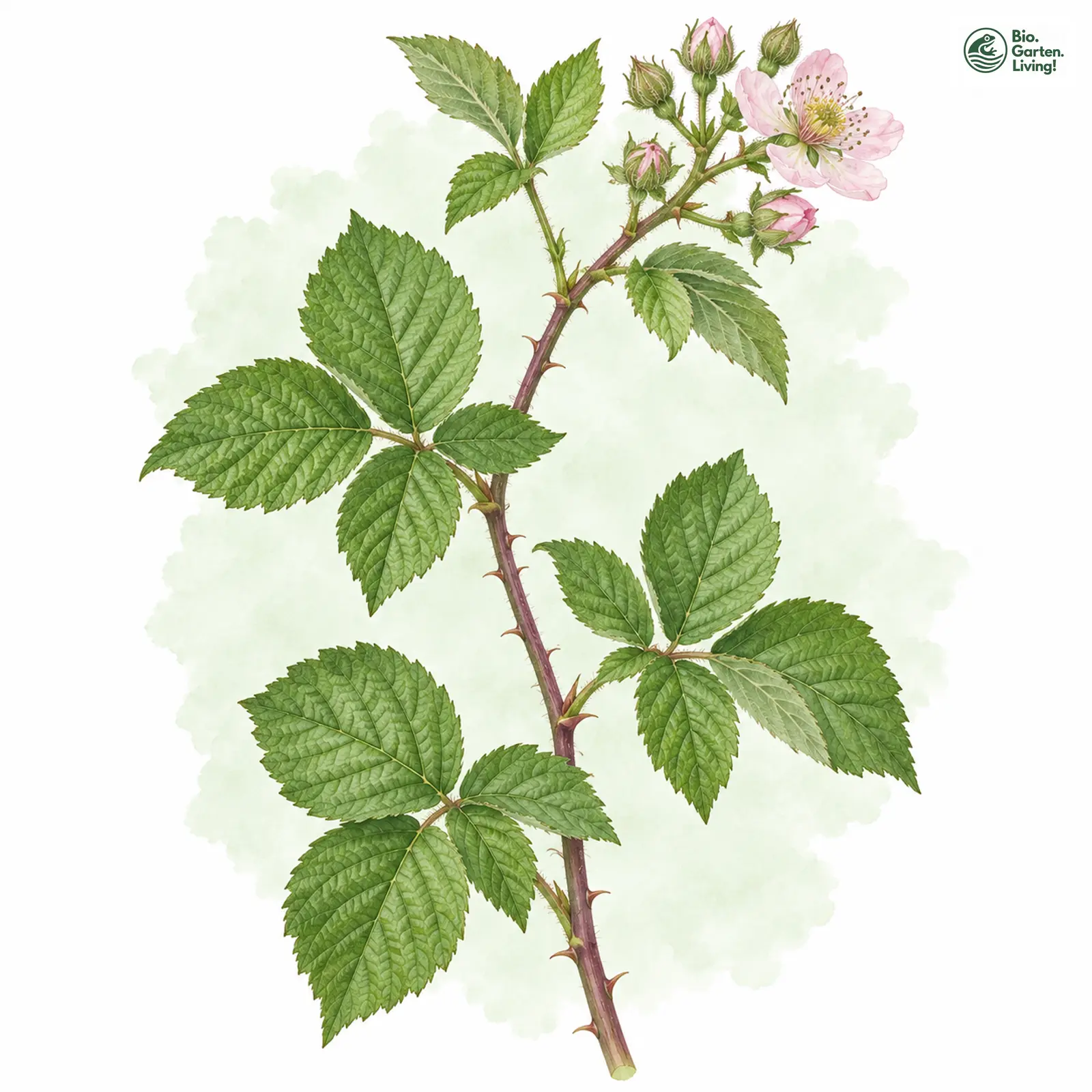 Aquarellzeichnung: Mougeot-Haselblatt-Brombeere (Rubus mougeotii)