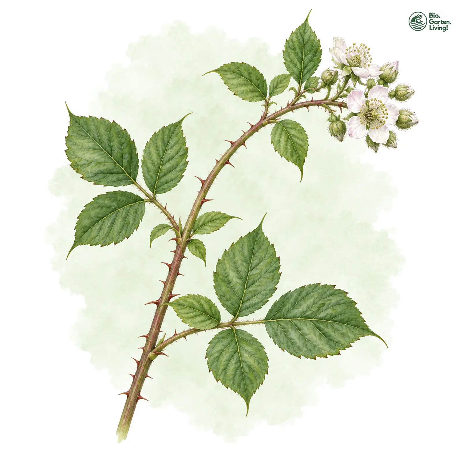 Aquarellzeichnung: Pickelhauben-Brombeere (Rubus mucronulatus)