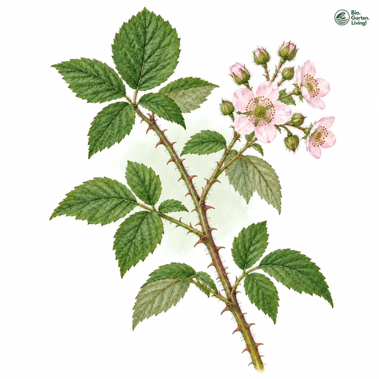 Aquarellzeichnung: Hain-Brombeere (Rubus nemoralis)