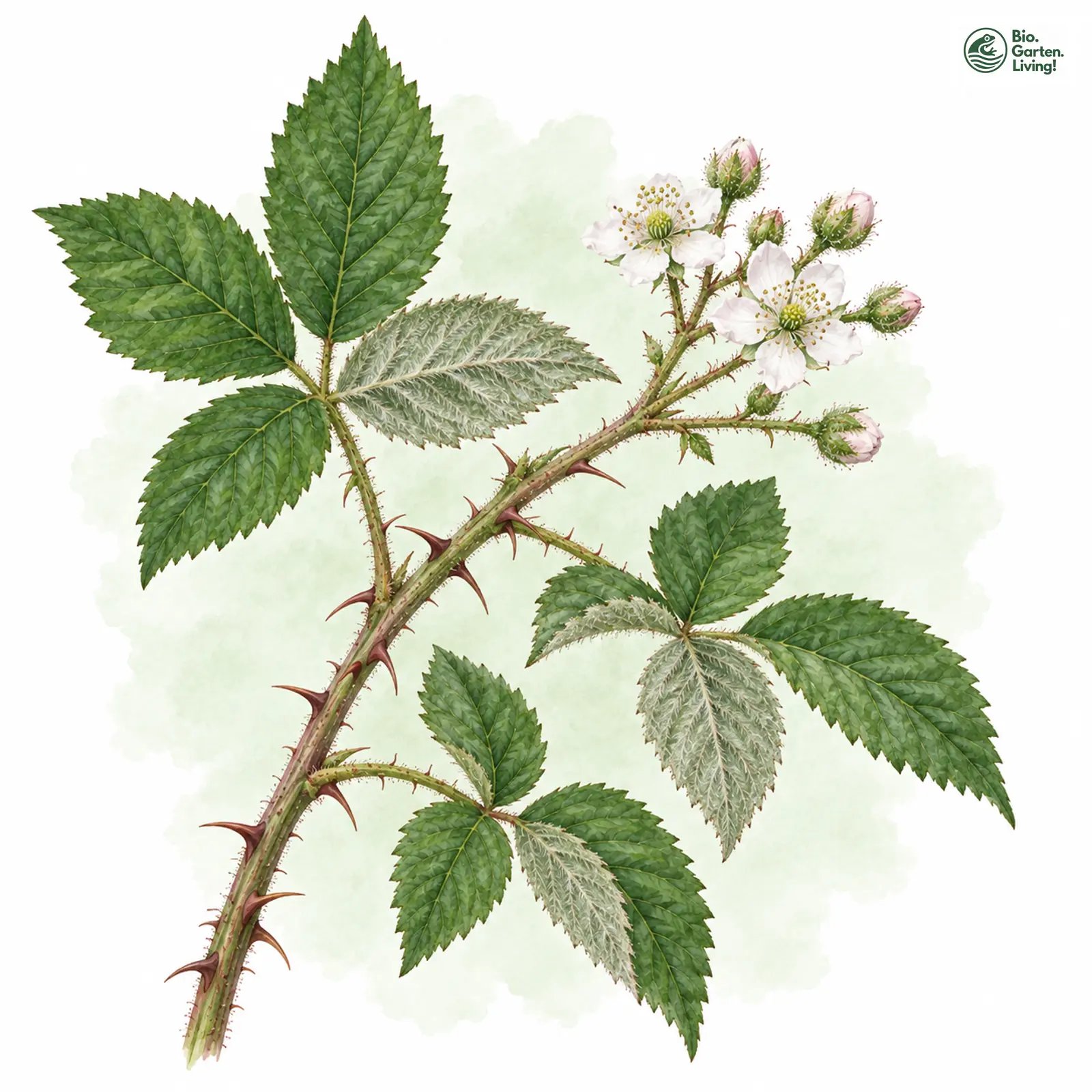 Aquarellzeichnung: Große Hain-Haselblatt-Brombeere (Rubus nemorosoides)