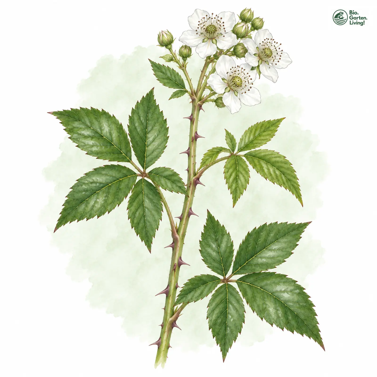 Aquarellzeichnung: Halbaufrechte Brombeere (Rubus nessensis (im engeren Sinne))