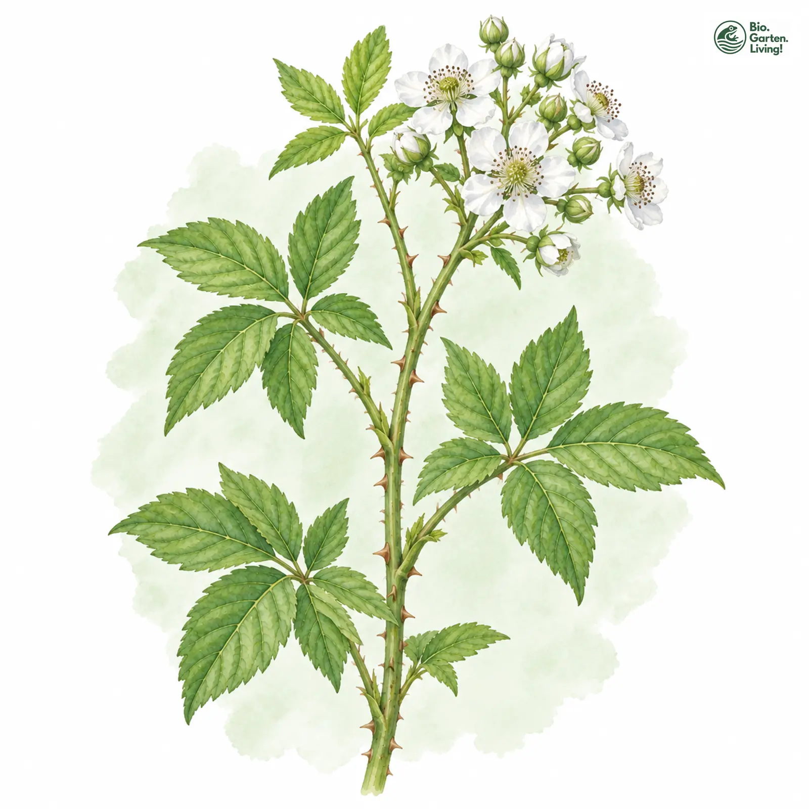 Aquarellzeichnung: Halbaufrechte Brombeere (Rubus nessensis (im weiteren Sinne))