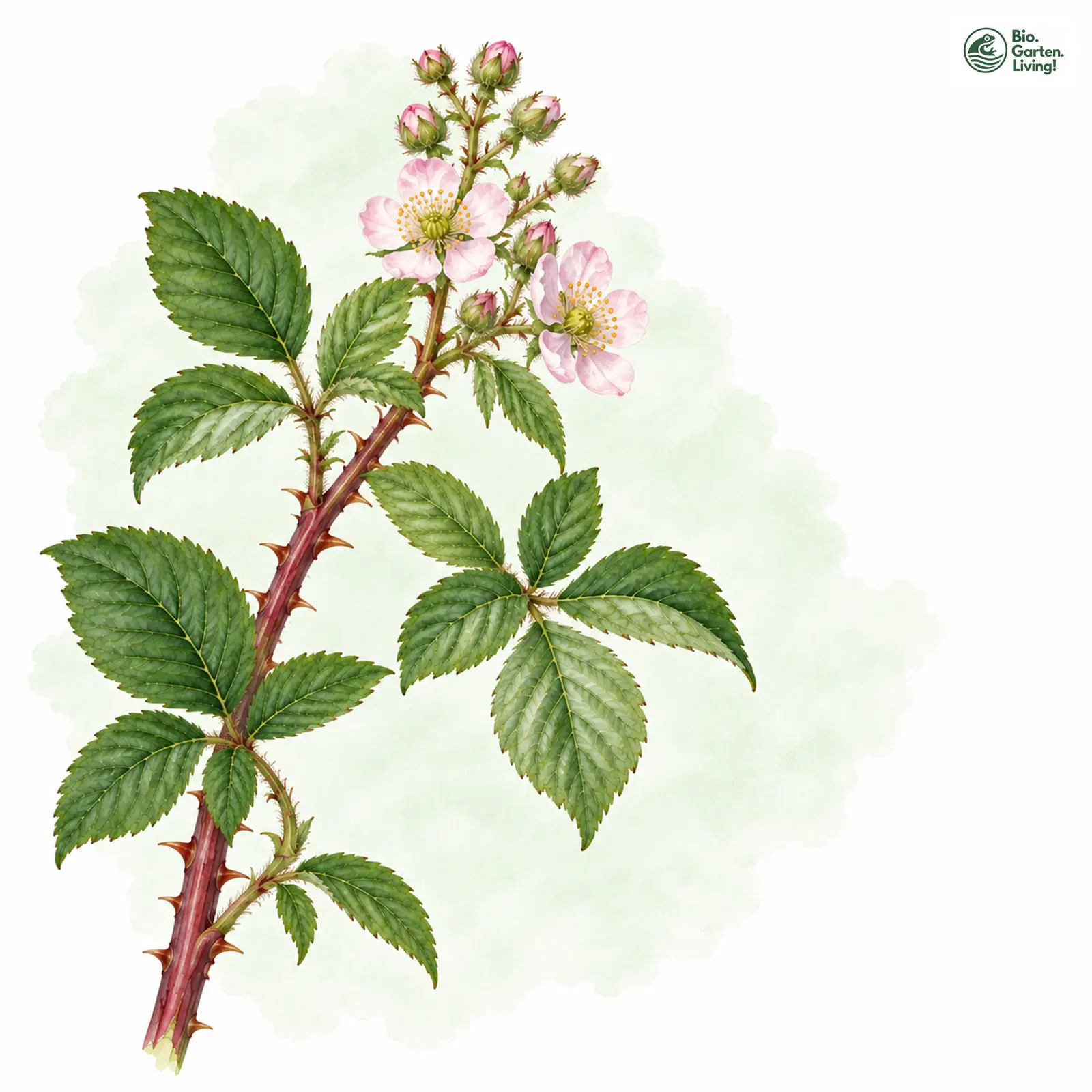 Aquarellzeichnung: Neumann-Brombeere (Rubus neumannianus)
