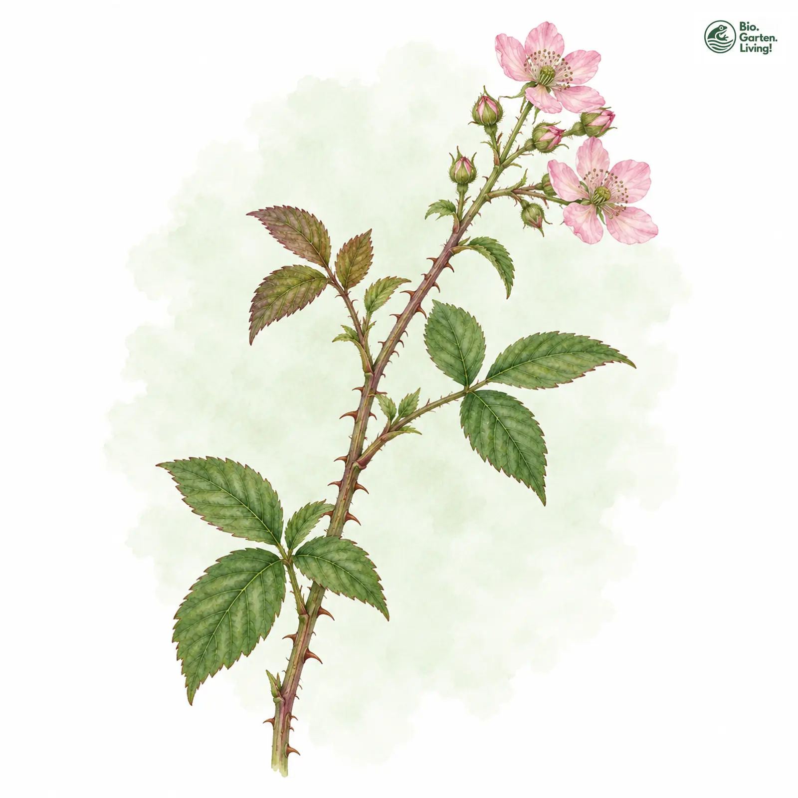 Aquarellzeichnung: Verlängertblättrige Brombeere (Rubus oblongifolius)