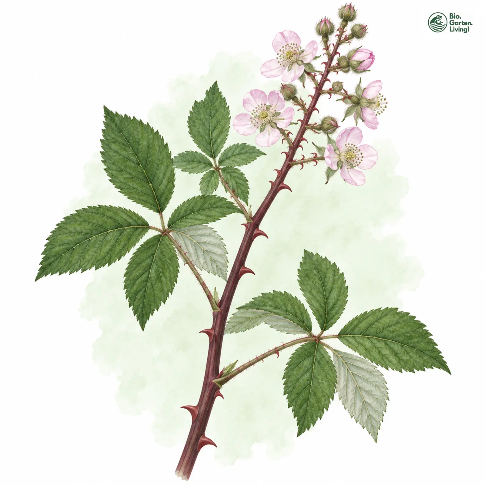 Aquarellzeichnung: Stumpfkantige Brombeere (Rubus obtusangulus)