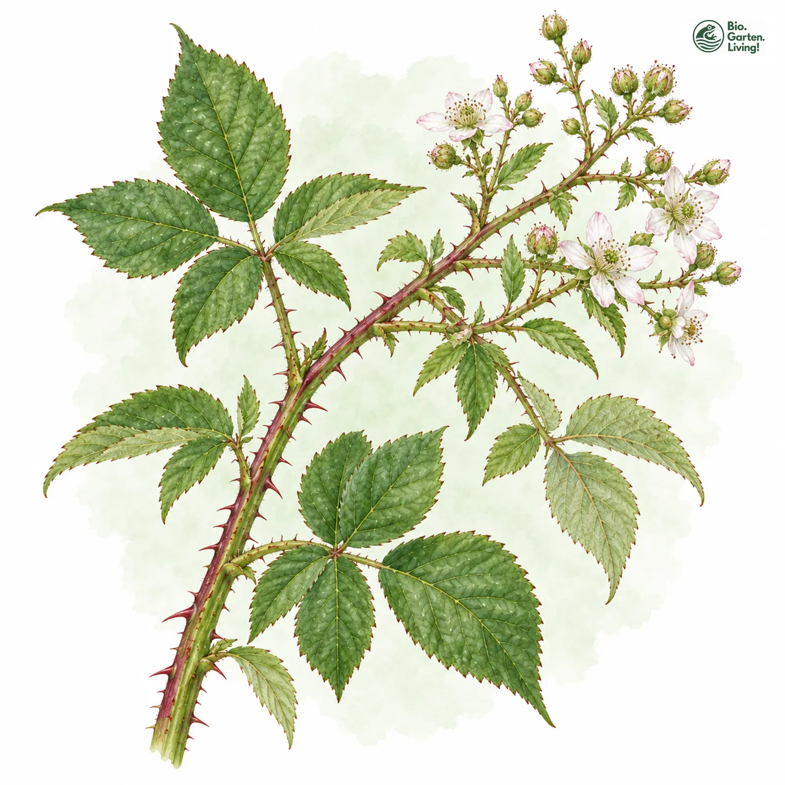 Aquarellzeichnung: Verstecktdrüsen-Brombeere (Rubus occultiglans)