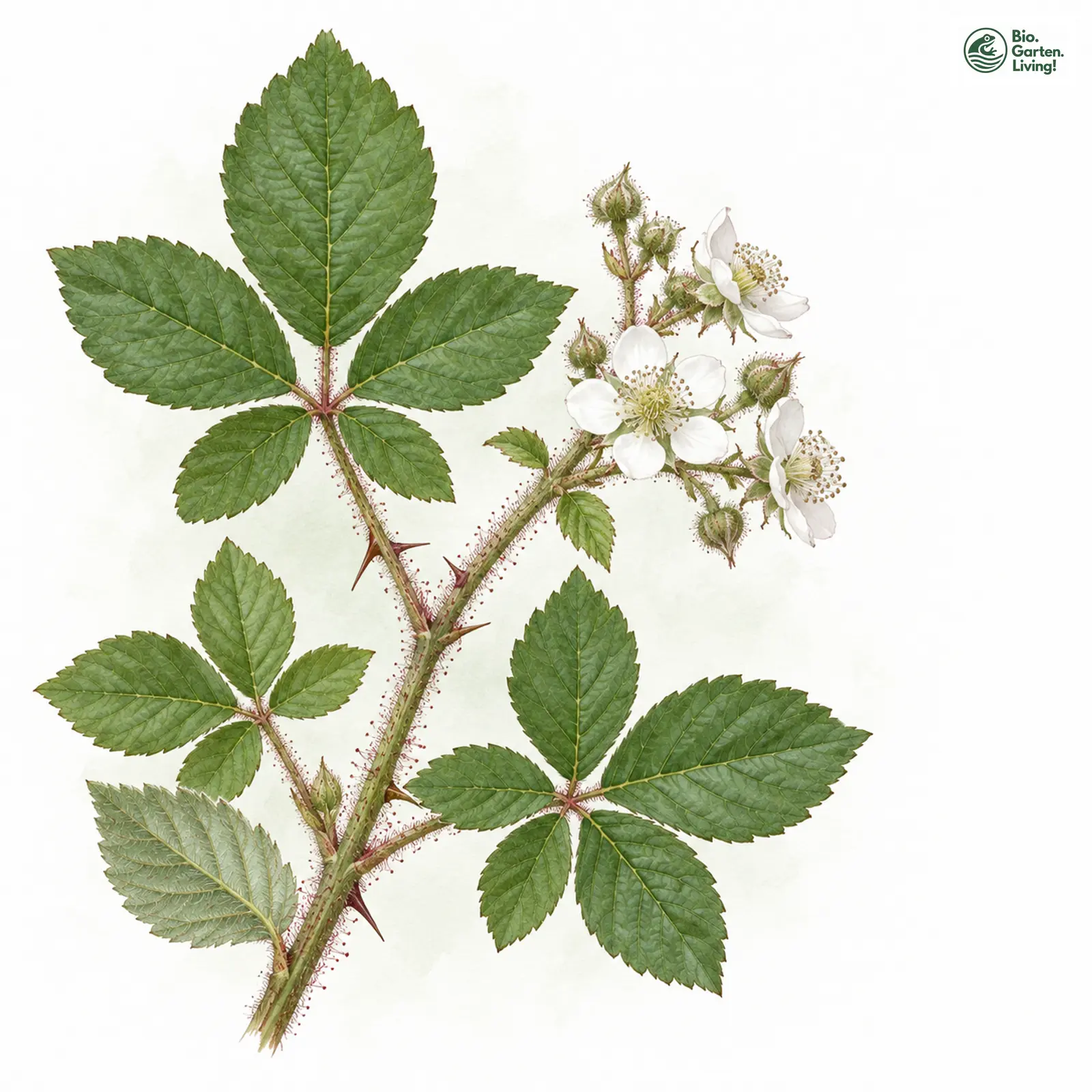 Aquarellzeichnung: Flachzähnige Brombeere (Rubus omalodontos)