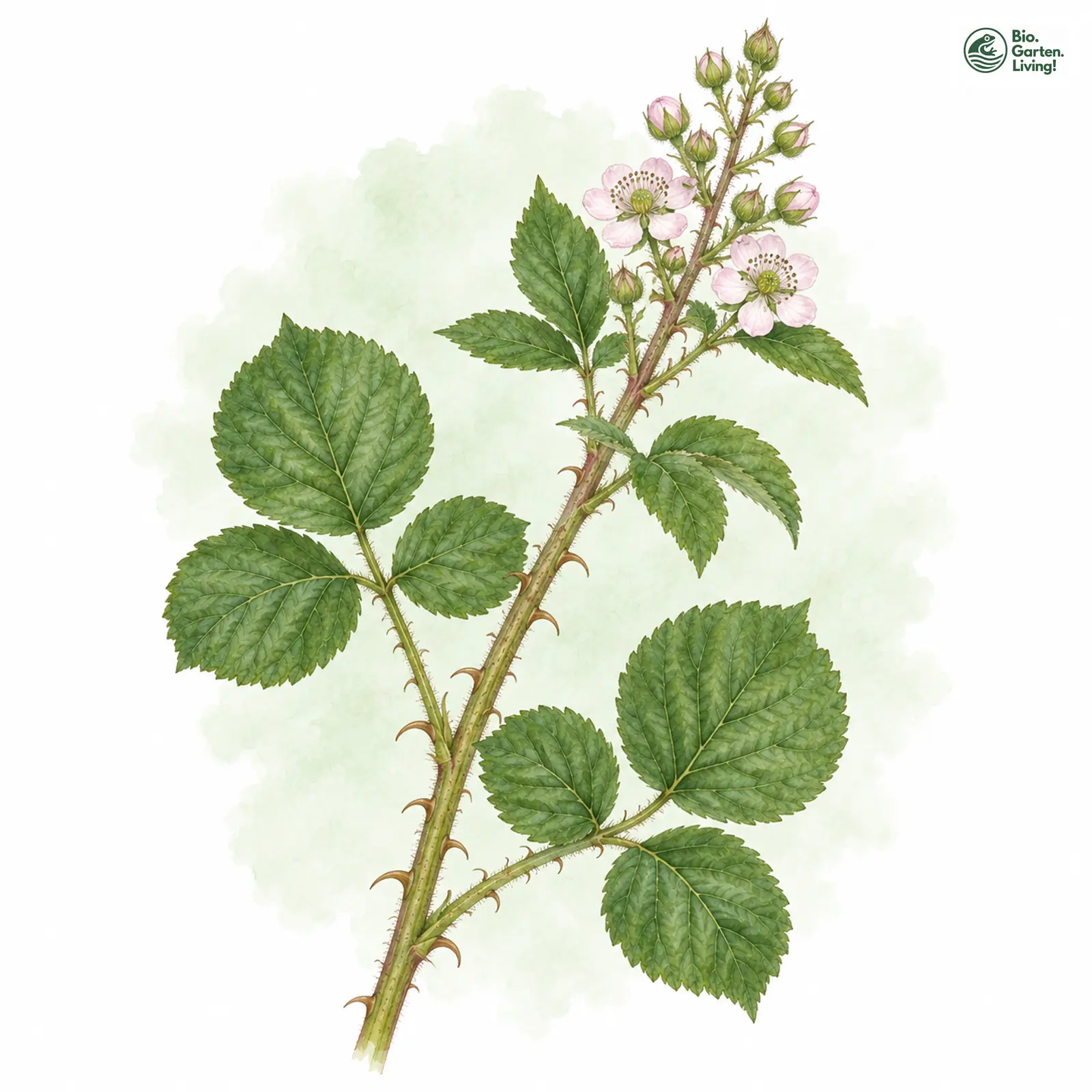 Aquarellzeichnung: Rundlappige Haselblattbrombeere (Rubus orbifrons)