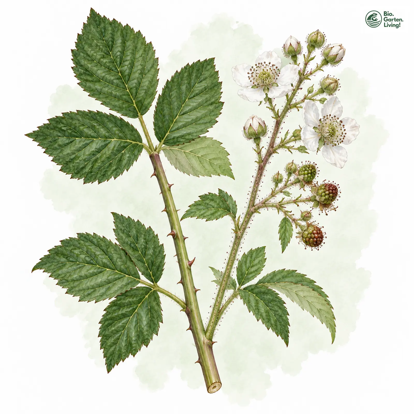 Aquarellzeichnung: Bergnymphen-Brombeere (Rubus oreades)