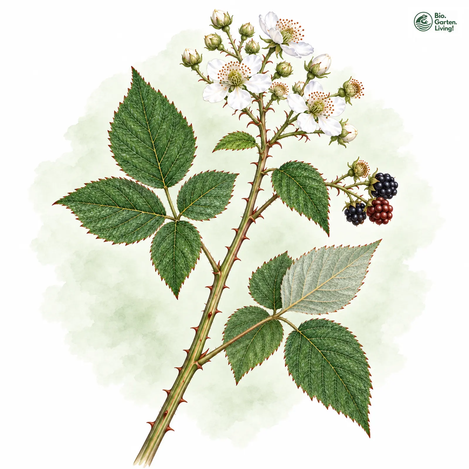 Aquarellzeichnung: Geradachsenförmige Haselblatt-Brombeere (Rubus orthostachyoides)