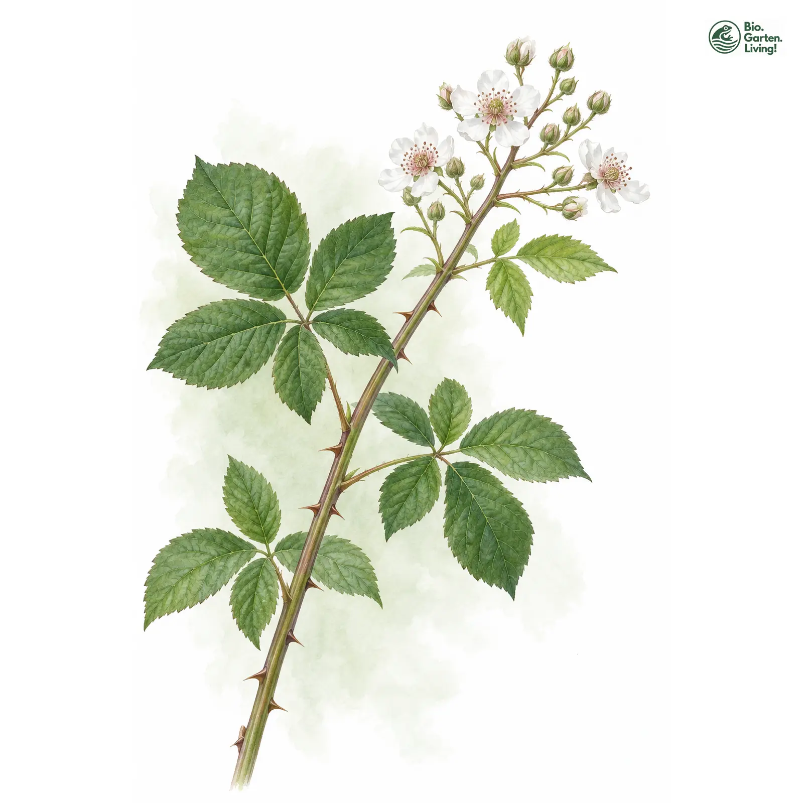 Aquarellzeichnung: Geradachsige Haselblatt-Brombeere (Rubus orthostachys)