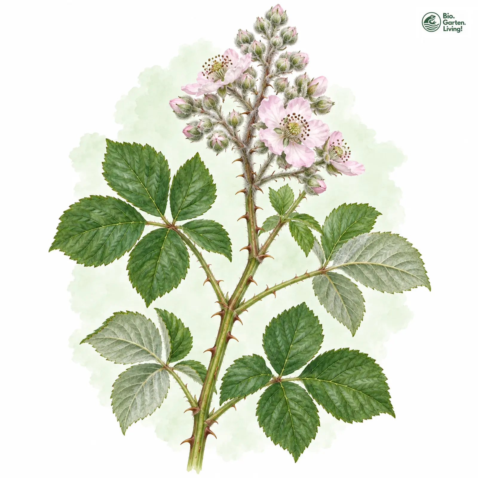 Aquarellzeichnung: Spatenblättrige Brombeere (Rubus palaefolius)