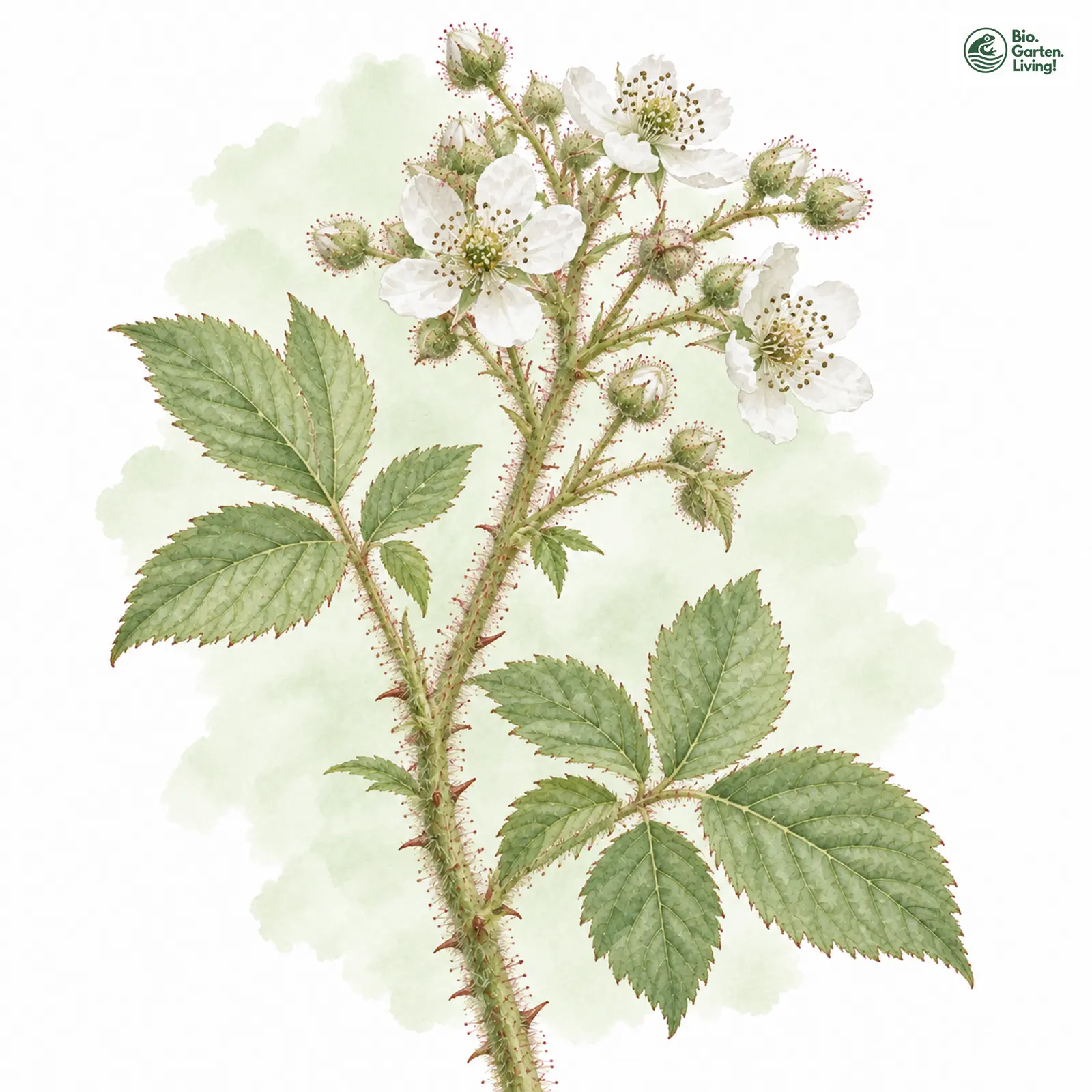 Aquarellzeichnung: Blaßblättrige Brombeere (Rubus pallidifolius)