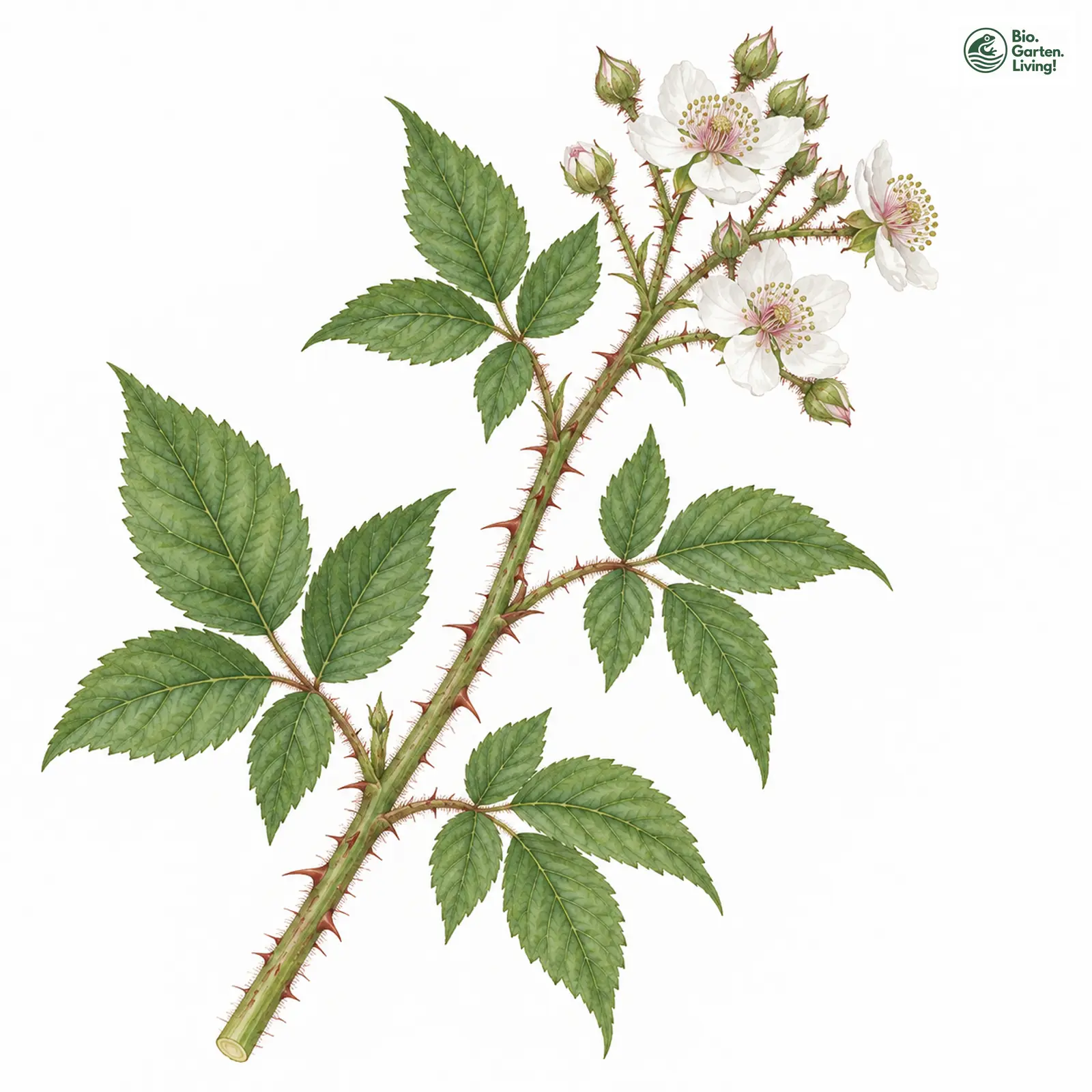Aquarellzeichnung: Bleiche Brombeere (Rubus pallidus)