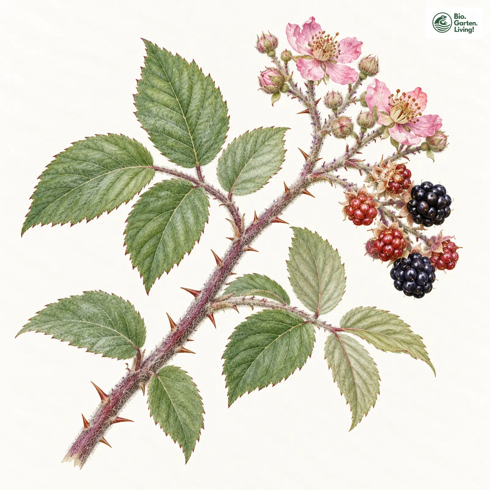 Aquarellzeichnung: Dickfilzige Brombeere (Rubus pannosus)