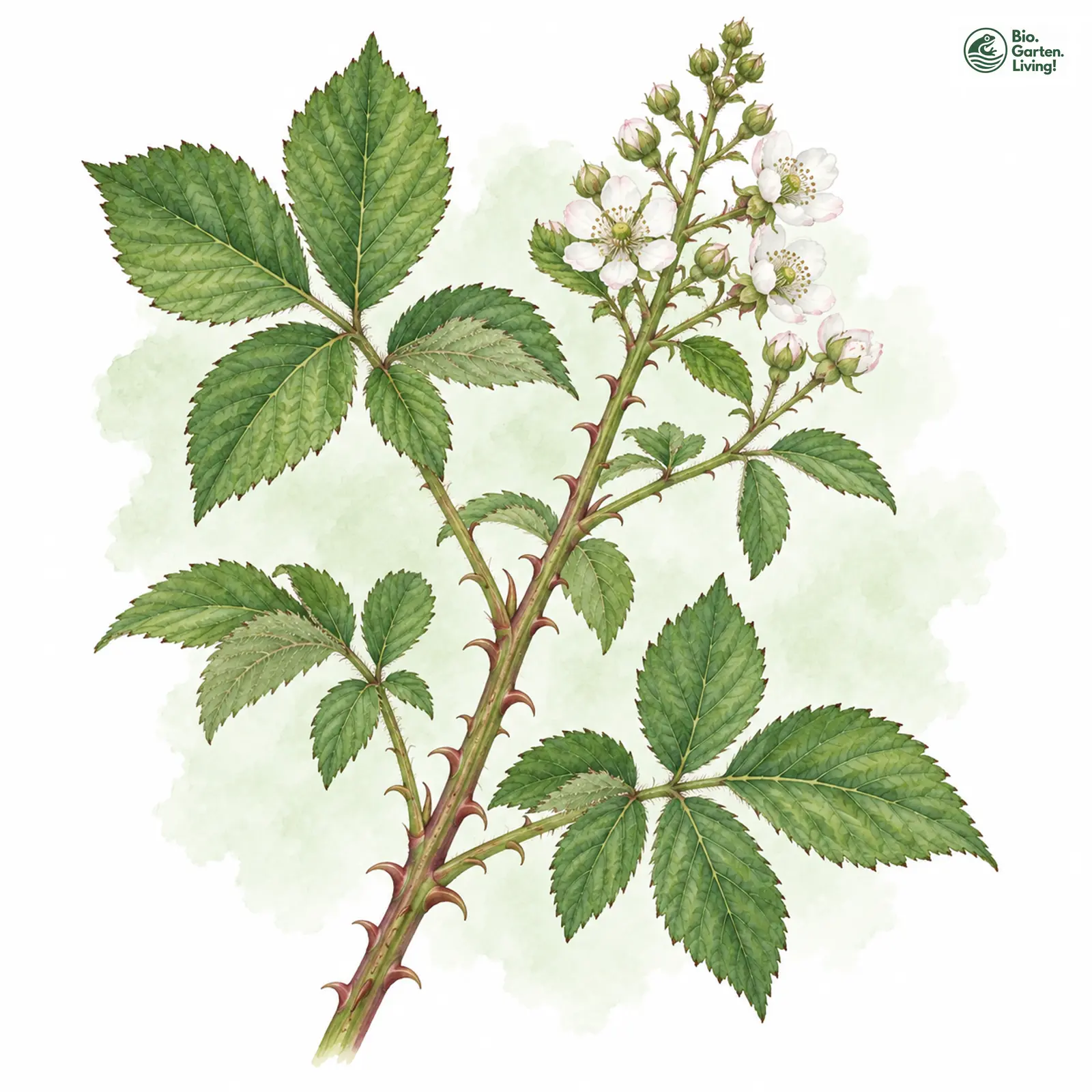 Aquarellzeichnung: Pedersens Haselblattbrombeere (Rubus pedersenii)