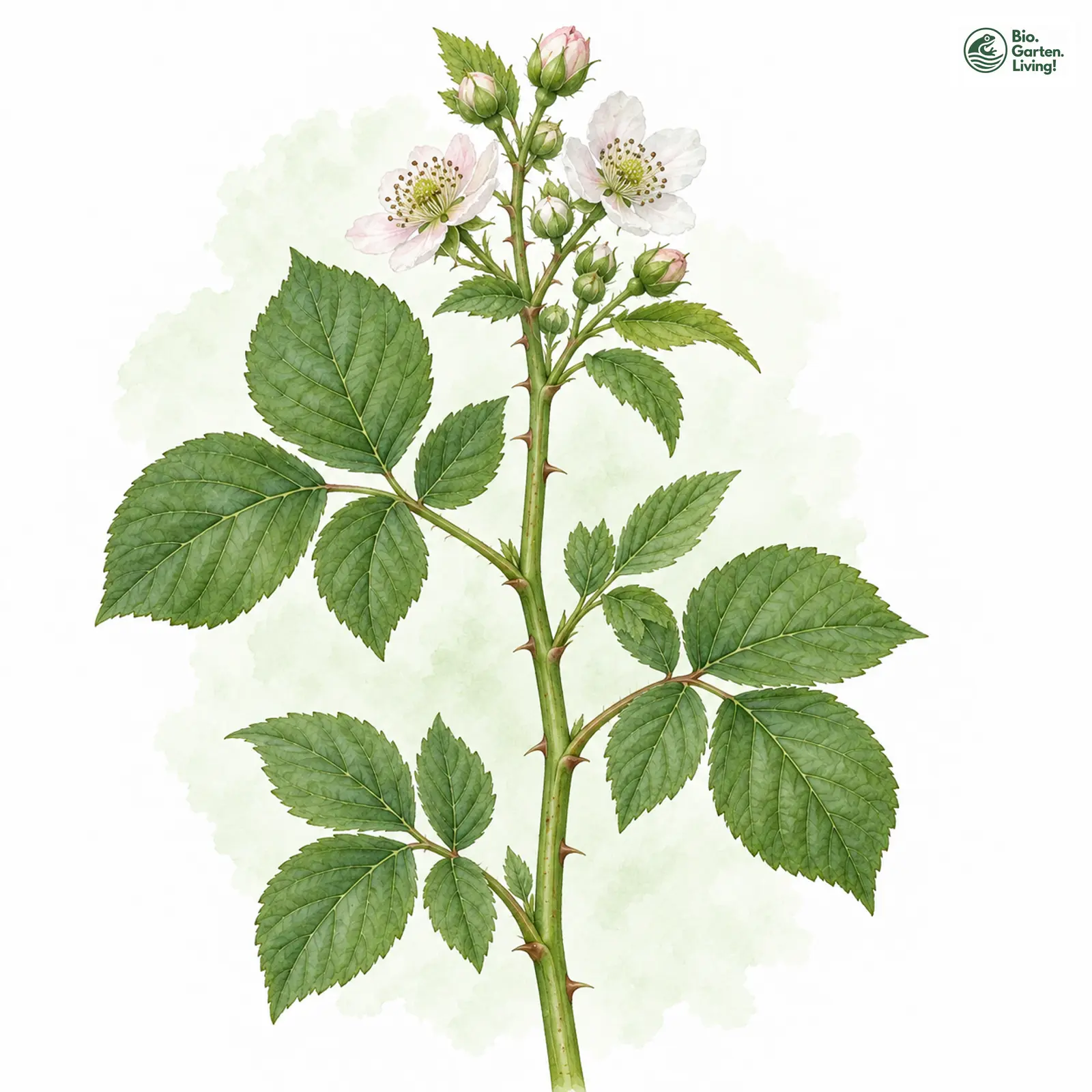 Aquarellzeichnung: Bescheidene Haselblattbrombeere (Rubus perdemissus)