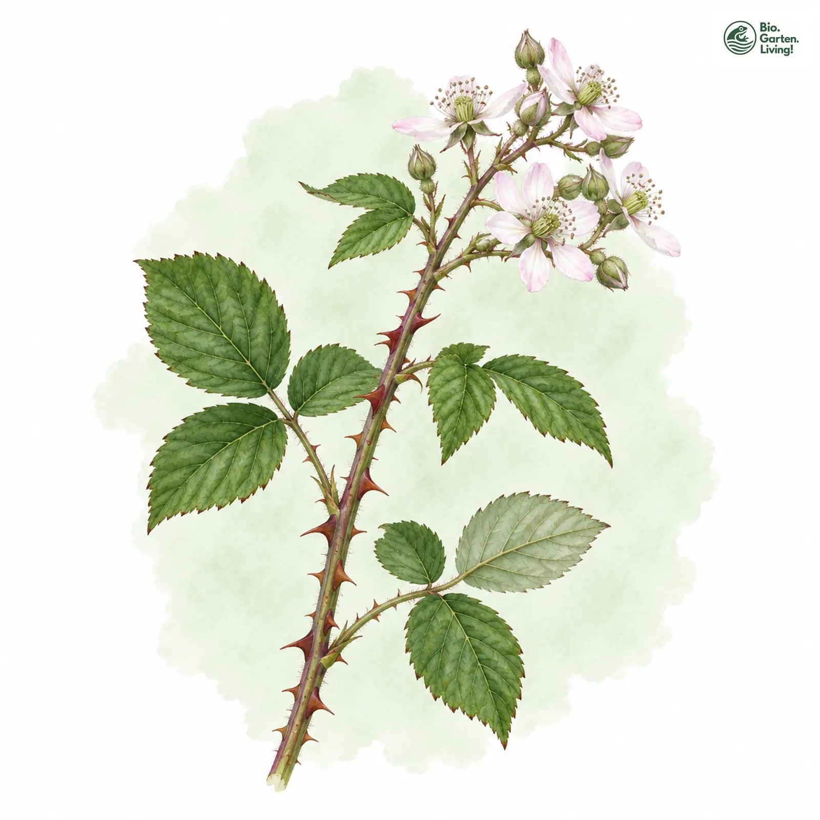 Aquarellzeichnung: Purpurstachelige Haselblatt-Brombeere (Rubus phoenicacanthus)