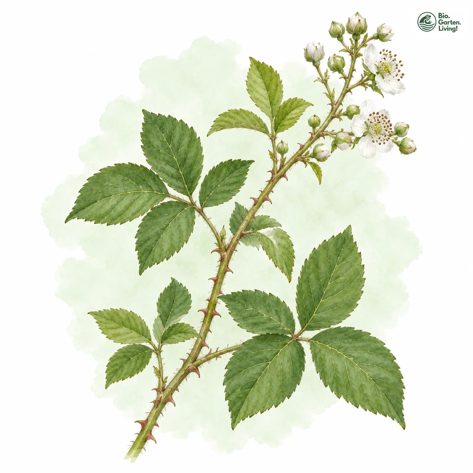 Aquarellzeichnung: Zungenblättrige Haselblatt-Brombeere (Rubus phylloglotta)