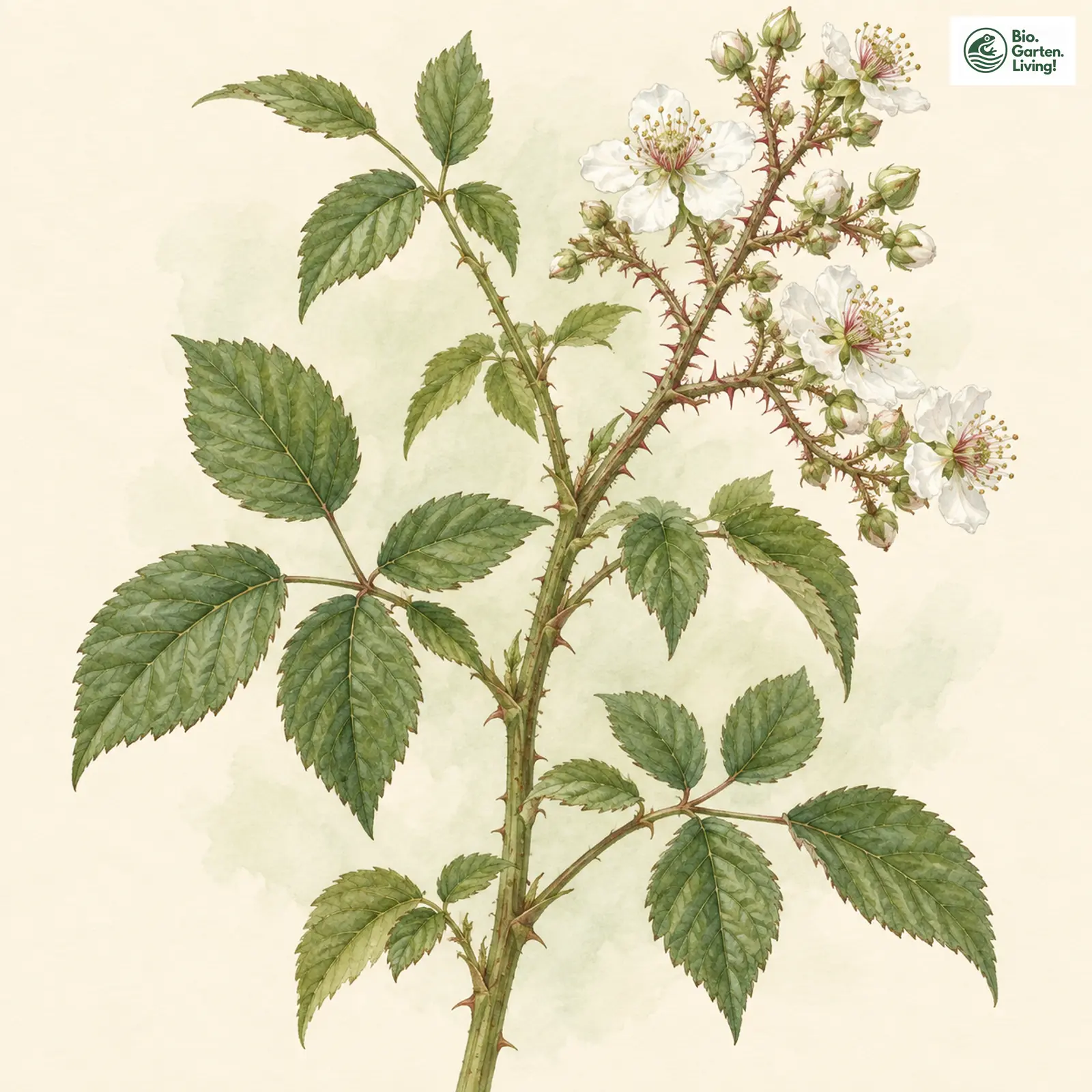 Aquarellzeichnung: Blattsträußige Brombeere (Rubus phyllothyrsos)