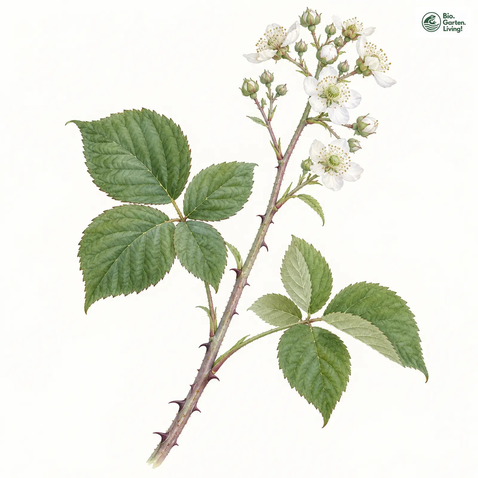 Aquarellzeichnung: Buntstänglige Haselblatt-Brombeere (Rubus picticaulis)