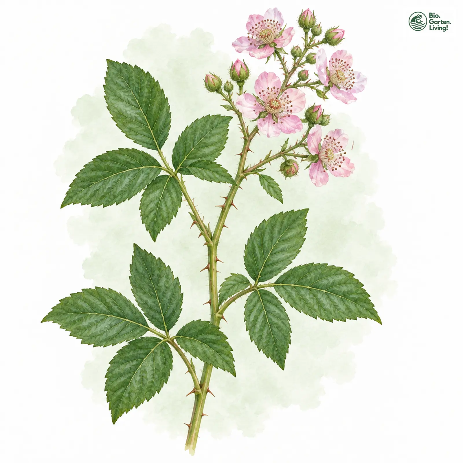 Aquarellzeichnung: Friedliche Haselblatt-Brombeere (Rubus placidus)