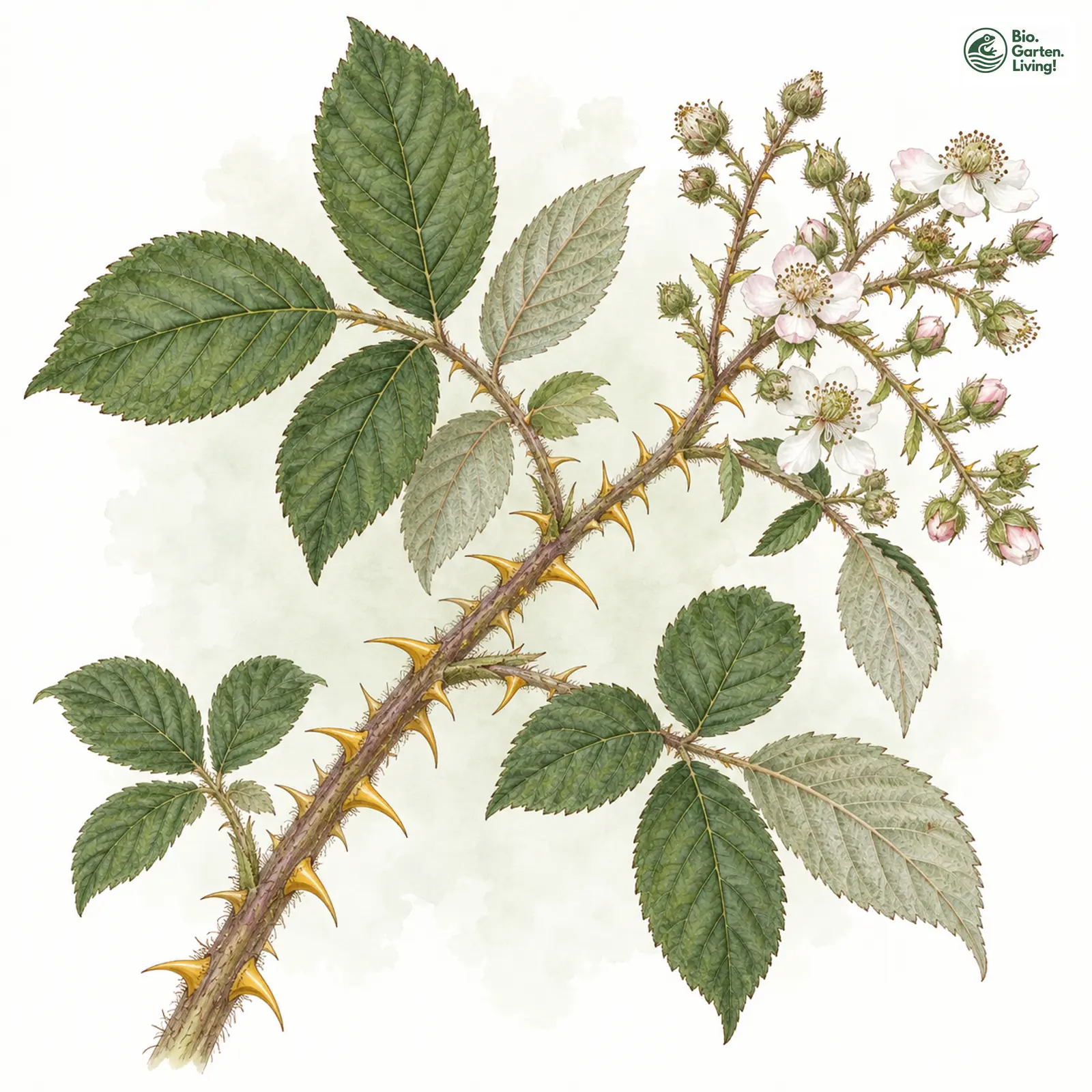 Aquarellzeichnung: Breitstachelige Brombeere (Rubus platyacanthus)