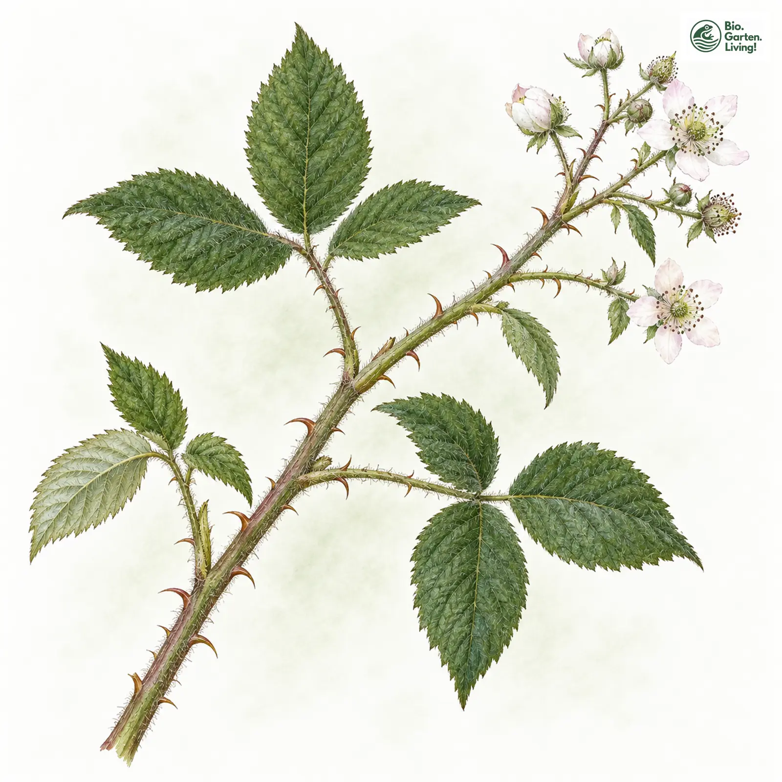 Aquarellzeichnung: Breitköpfige Brombeere (Rubus platycephalus)
