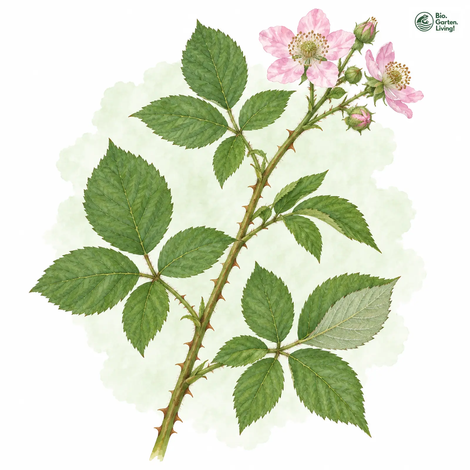 Aquarellzeichnung: Potts Brombeere (Rubus pottianus)