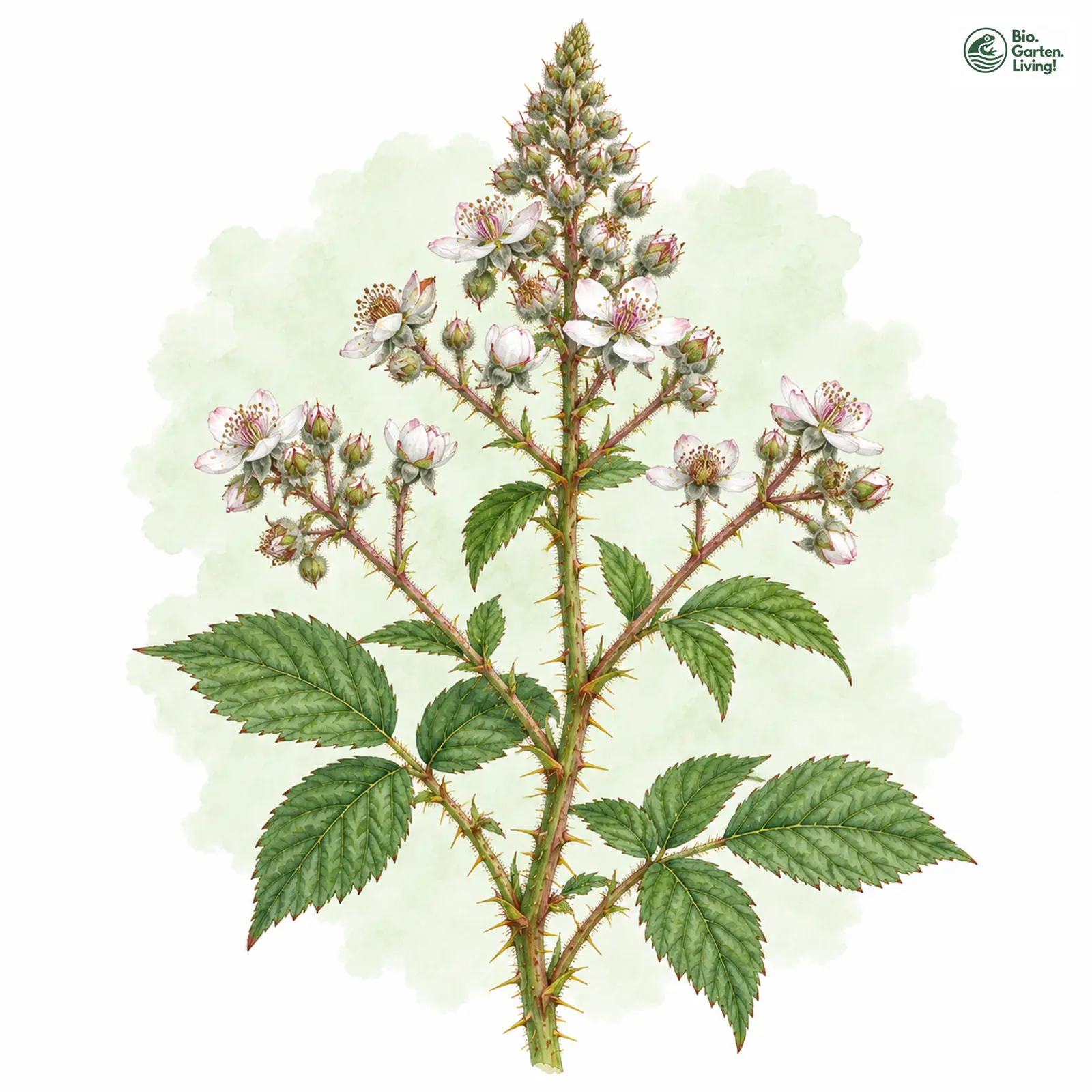 Aquarellzeichnung: Wiesenfarbige Brombeere (Rubus praticolor)
