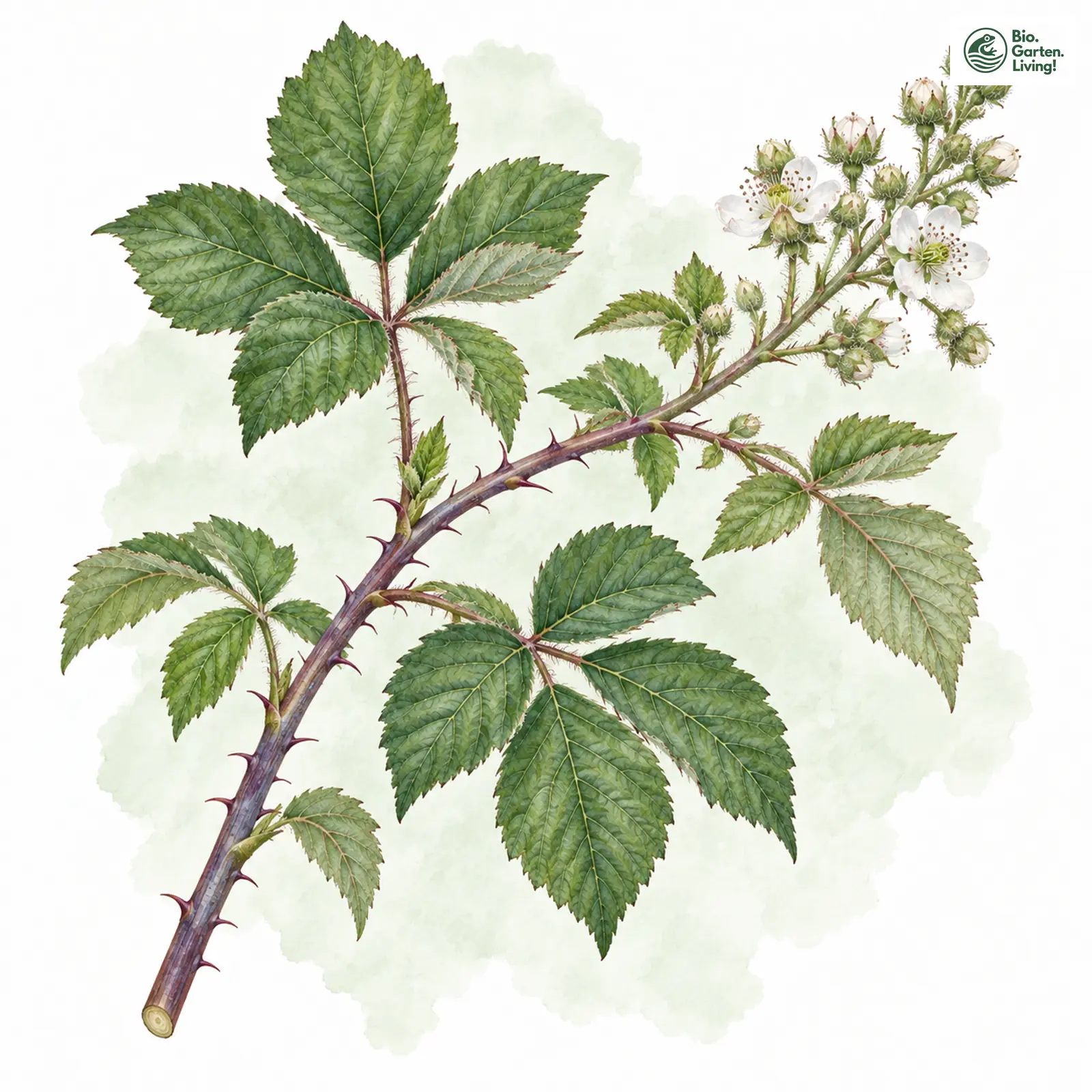 Aquarellzeichnung: Bereifte Haselblatt-Brombeere (Rubus pruinosus)