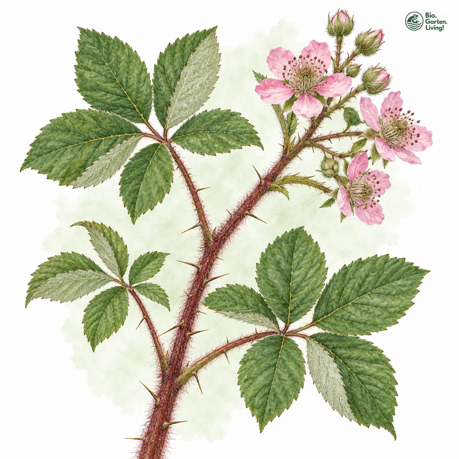 Aquarellzeichnung: Falsche Silber-Brombeere (Rubus pseudargenteus)