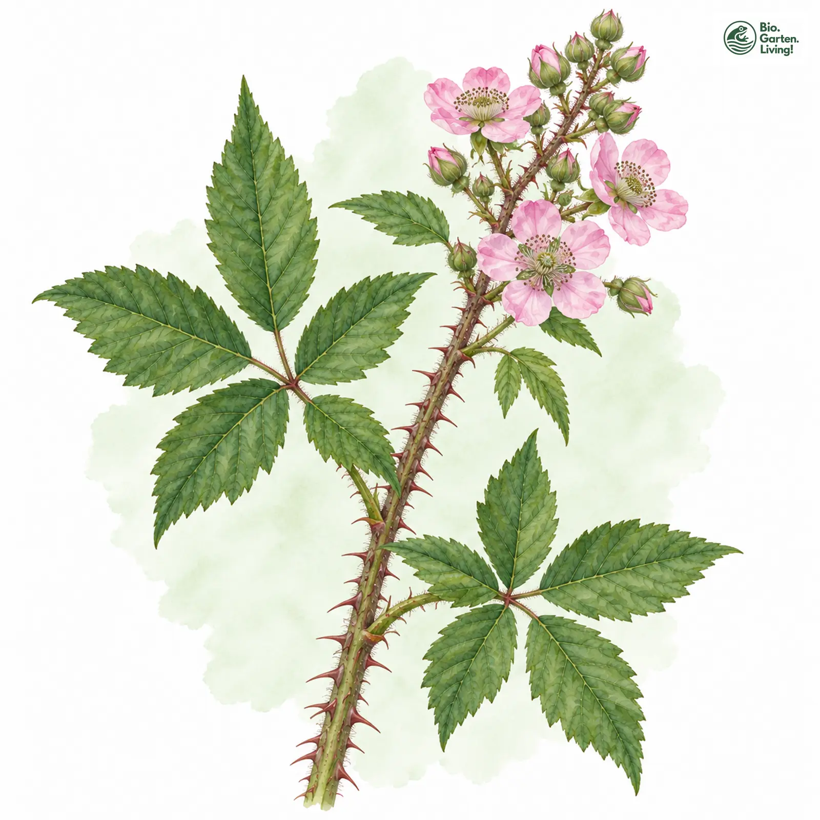 Aquarellzeichnung: Falsche Eingeschnittene Haselblatt-Brombeere (Rubus pseudincisior)