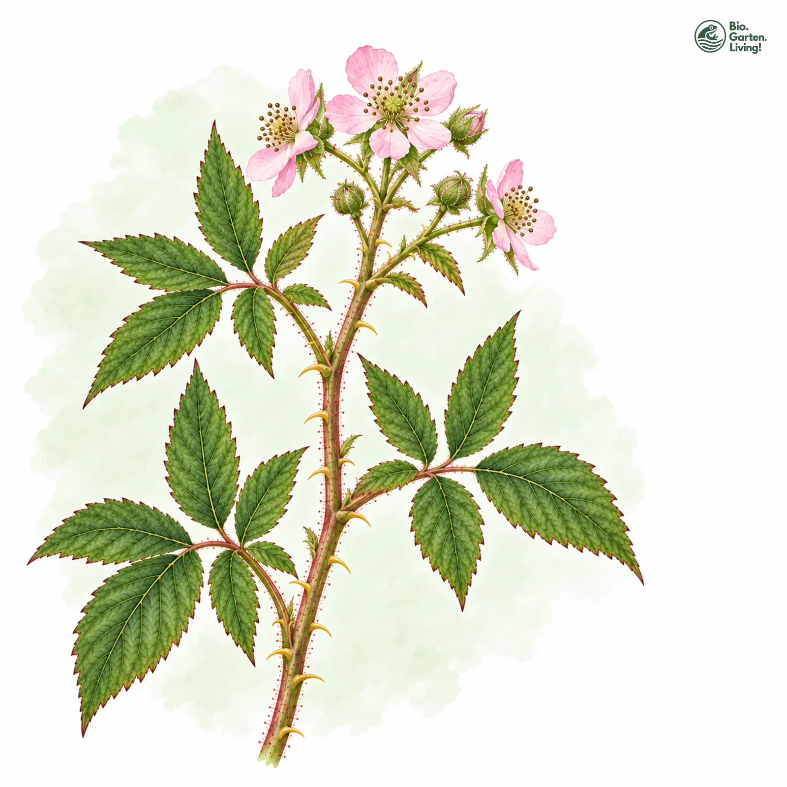 Aquarellzeichnung: Nordschweizer Haselblatt-Brombeere (Rubus pseudopsis)