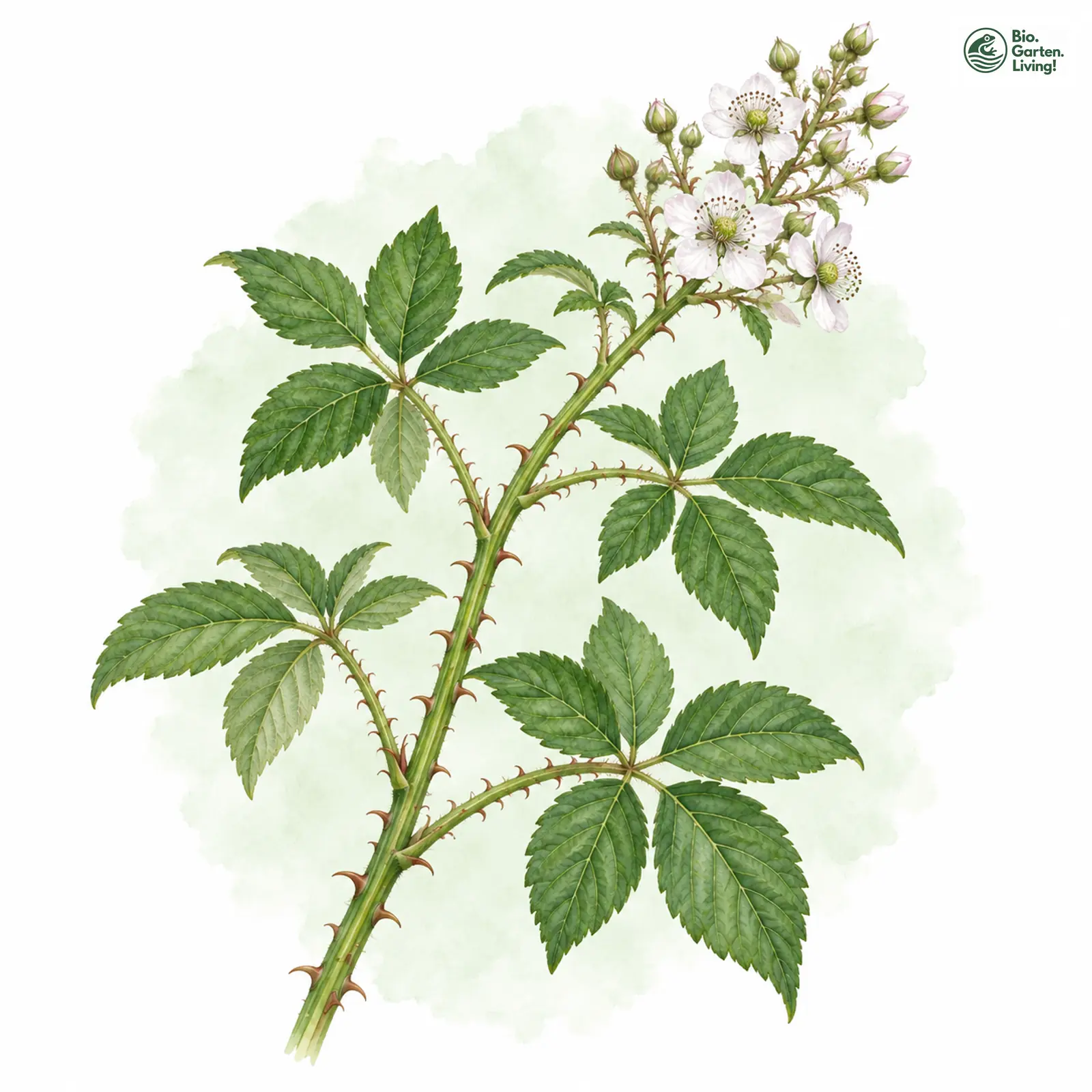 Aquarellzeichnung: Falsche Straußblüten-Brombeere (Rubus pseudothyrsanthus)
