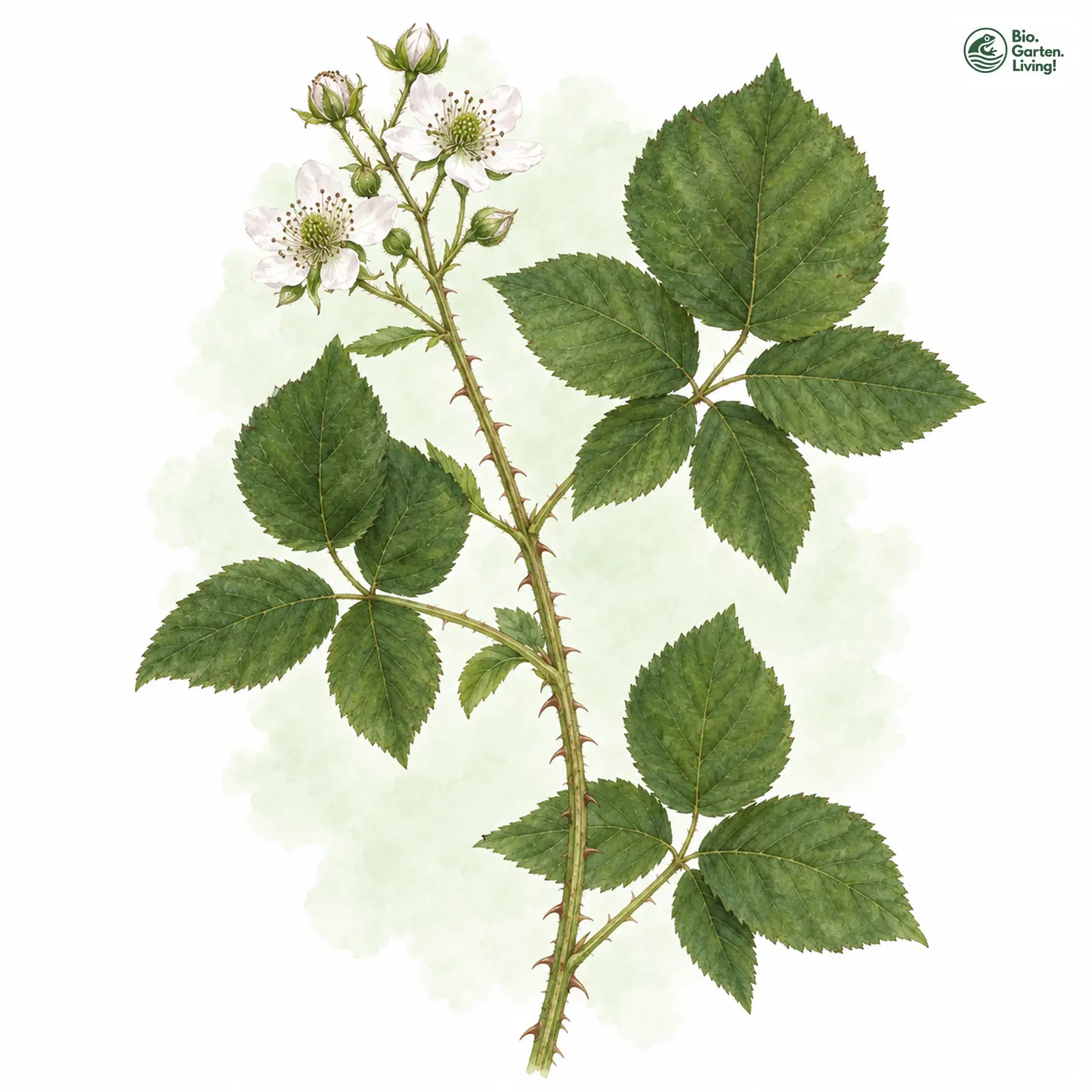Aquarellzeichnung: Aachener Haselblattbrombeere (Rubus pugiunculosus)