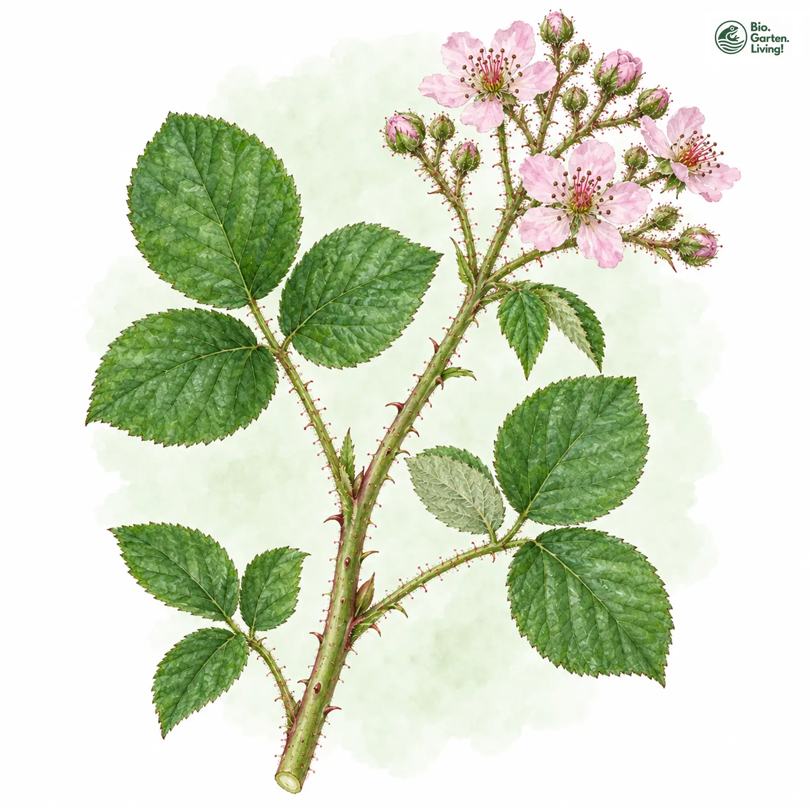 Aquarellzeichnung: Ranft-Haselblatt-Brombeere (Rubus ranftii)
